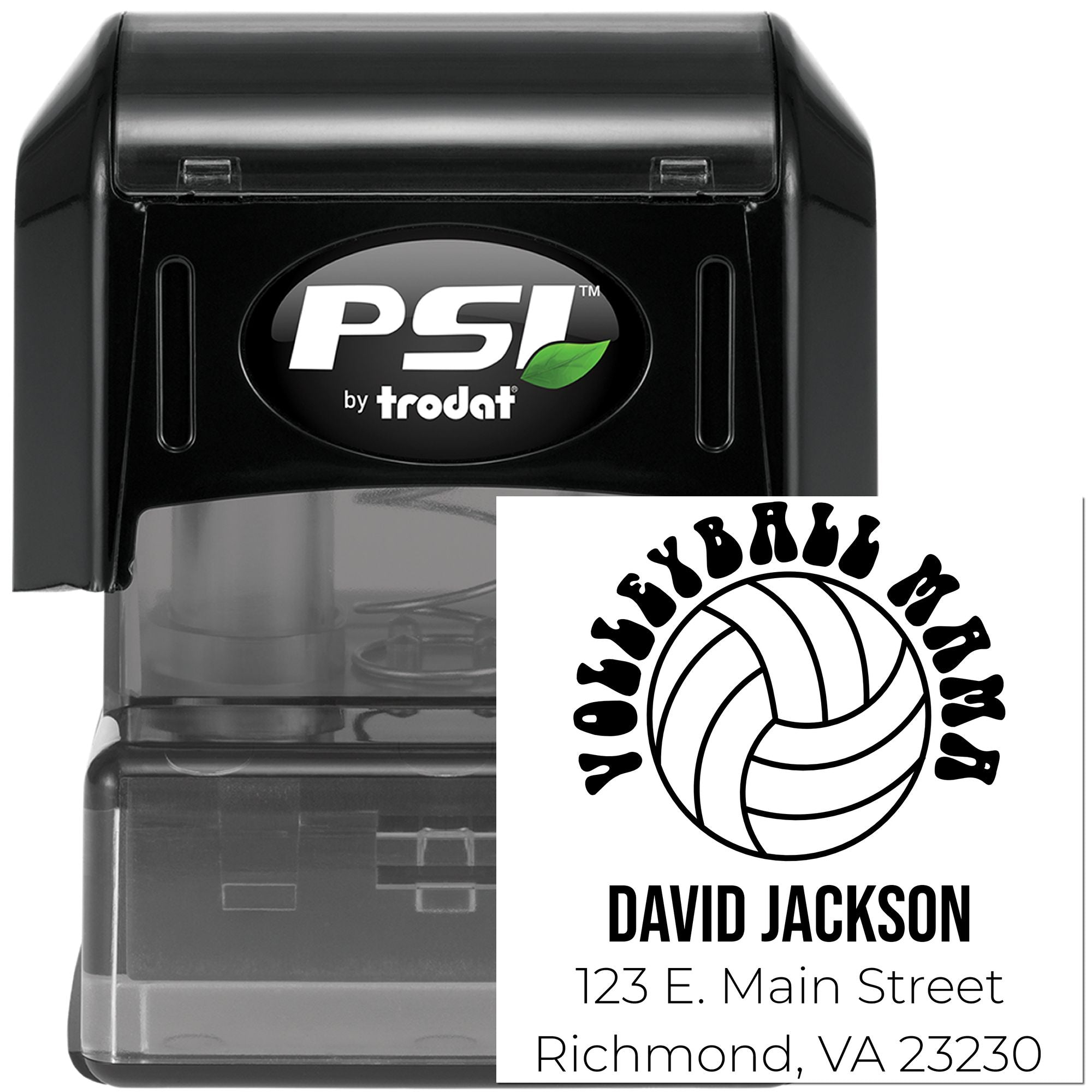 Custom self-inking rubber stamp with volleyball logo, name, and address for personalized return address stamping.