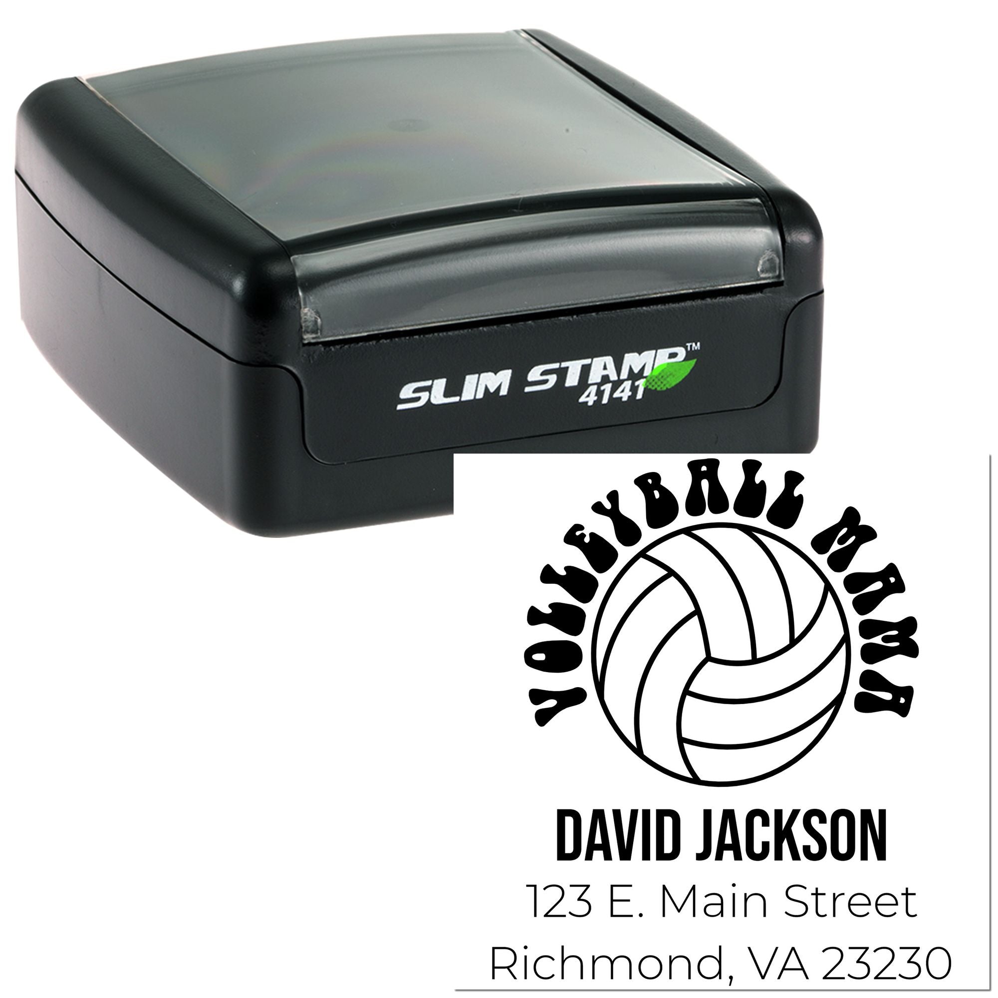 Custom self-inking volleyball address rubber stamp for David Jackson with name, street address, and team logo.
