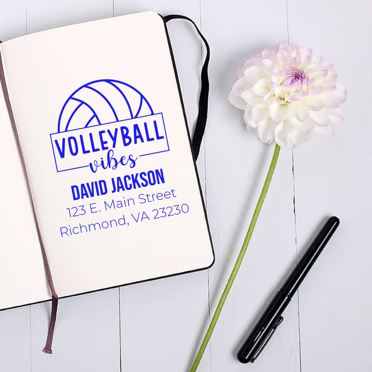 Personalized volleyball vibes rubber stamp with name and address for custom return address or sports stationery.
