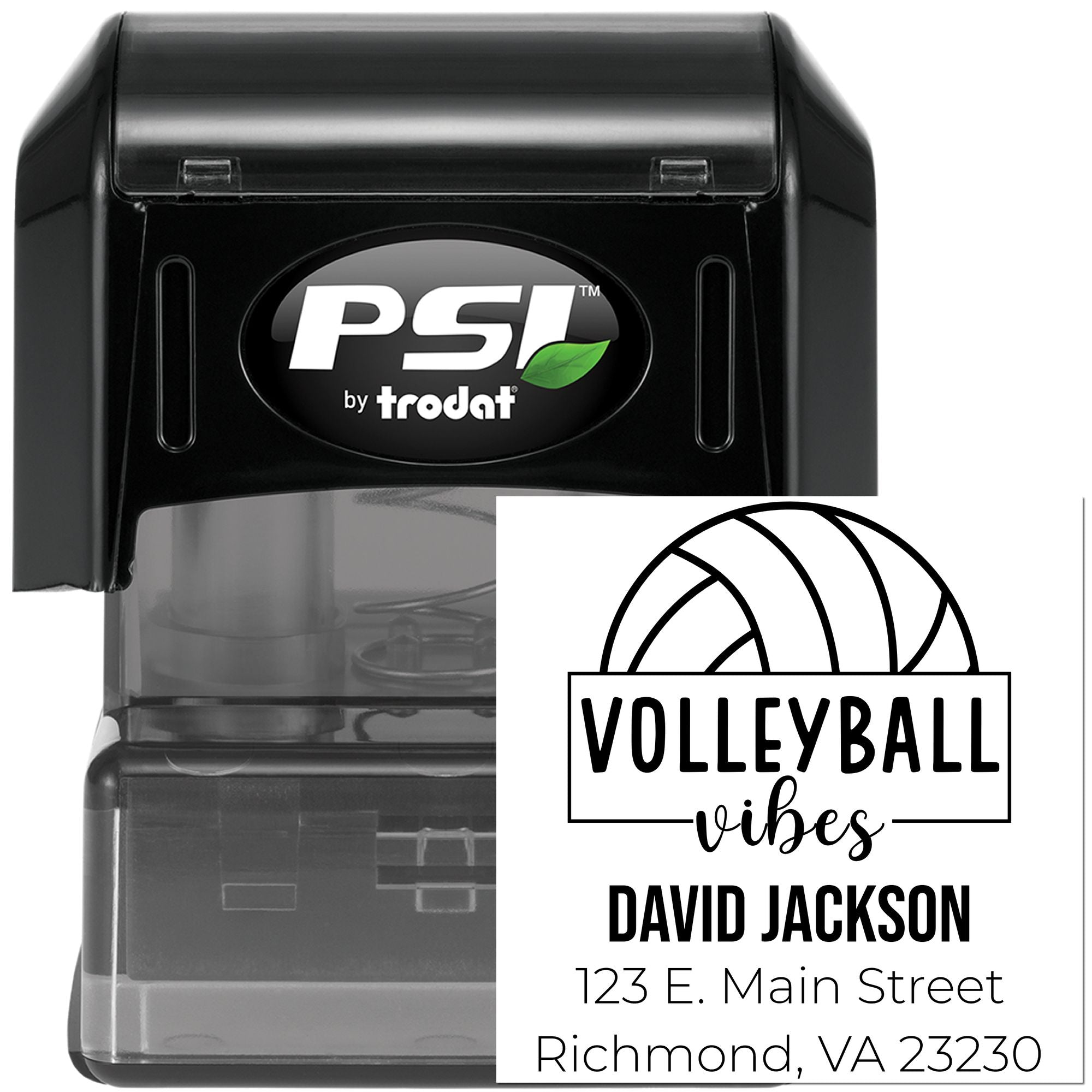 Custom volleyball vibes self-inking rubber stamp by PSI Trodat with name and address imprint for David Jackson