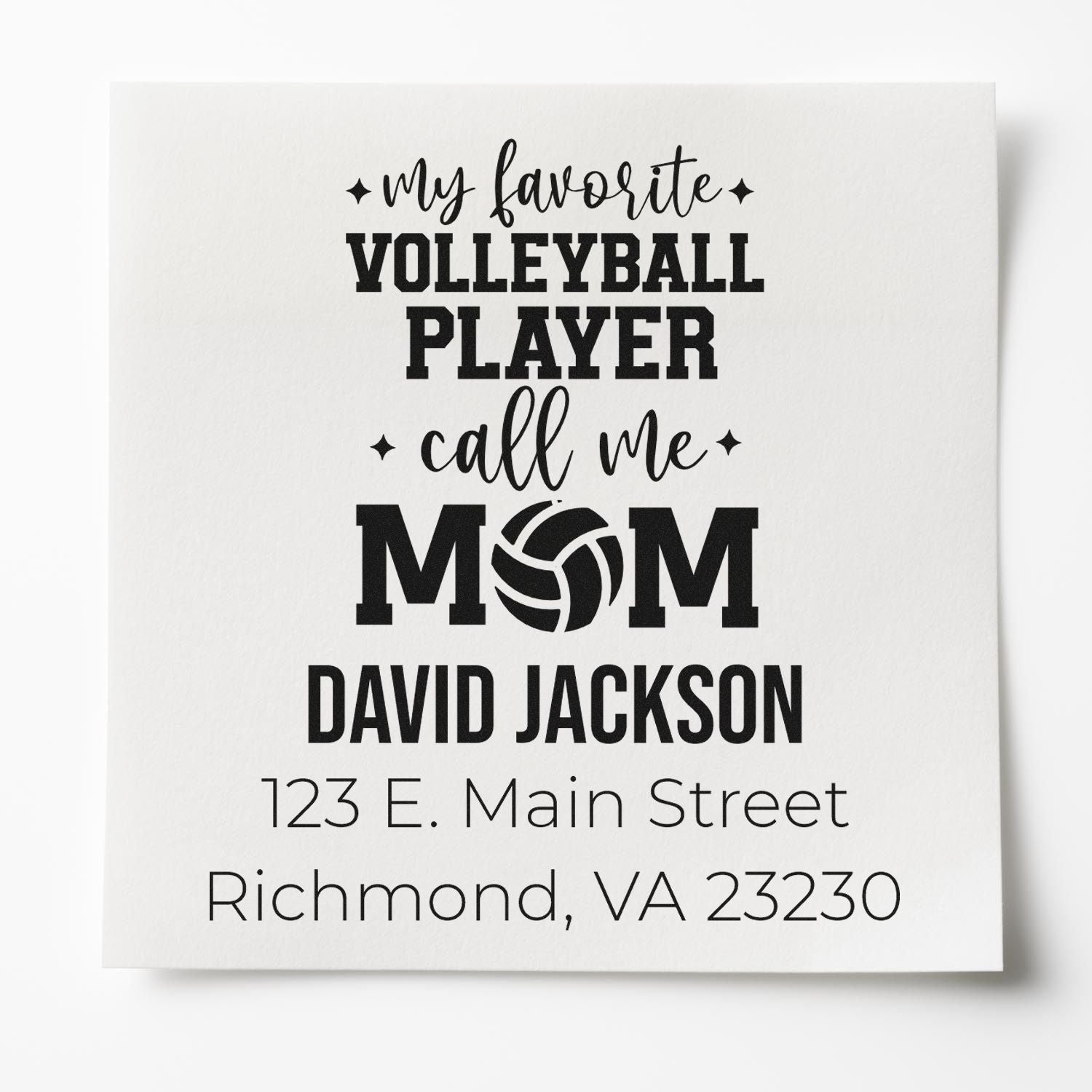Custom volleyball mom return address rubber stamp with personalized name and address for mailings.