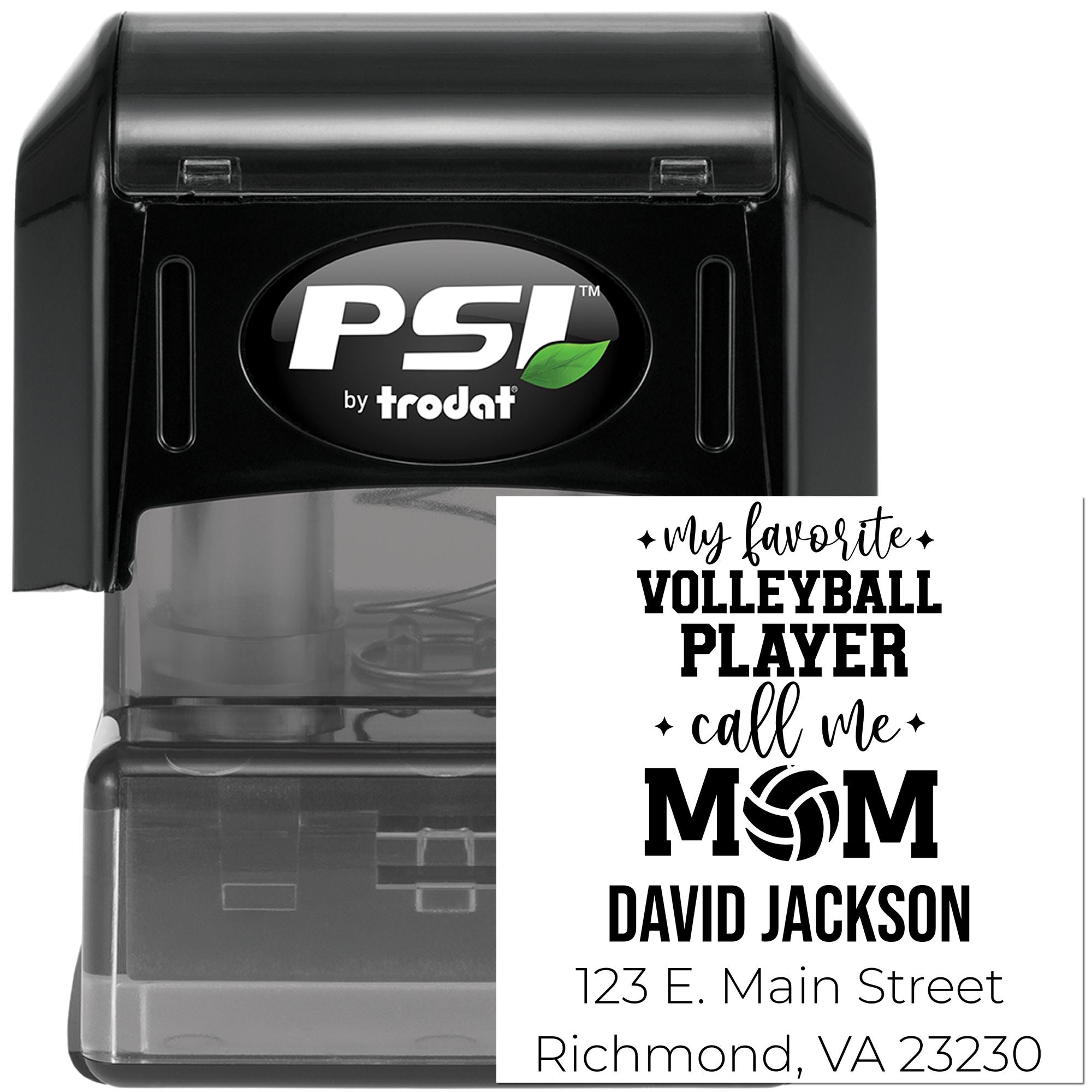 Custom self-inking rubber stamp for volleyball mom with personalized name and address design.