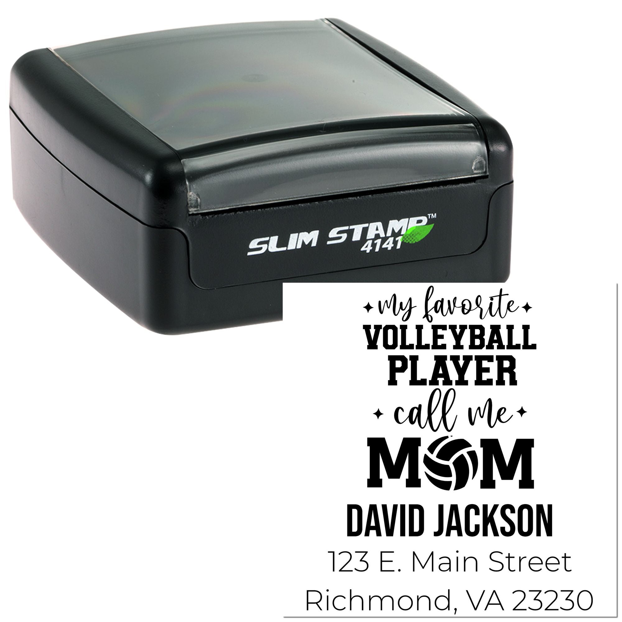 Slim Stamp self-inking rubber stamp with personalized volleyball mom name and address design sample