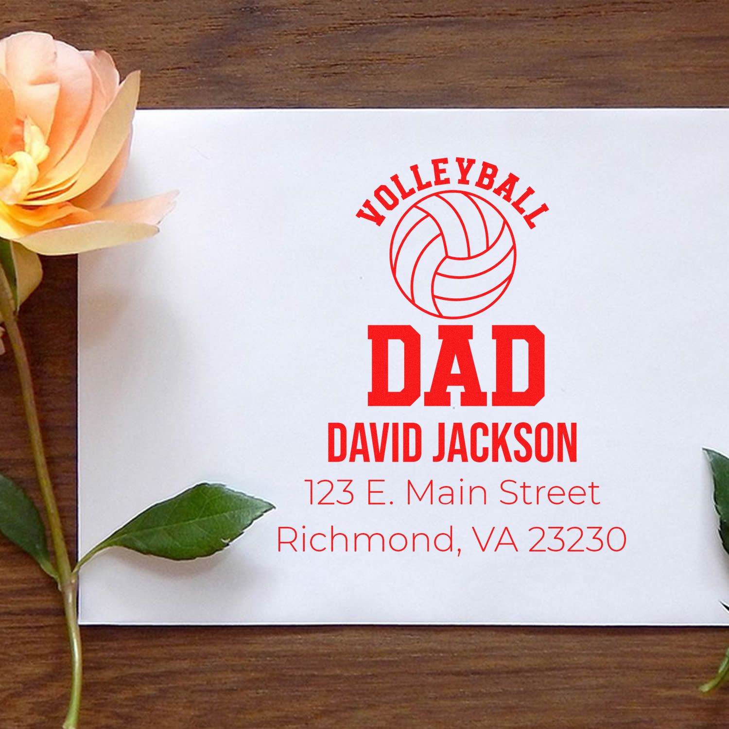 Personalized volleyball dad return address rubber stamp with name and address on white paper mockup