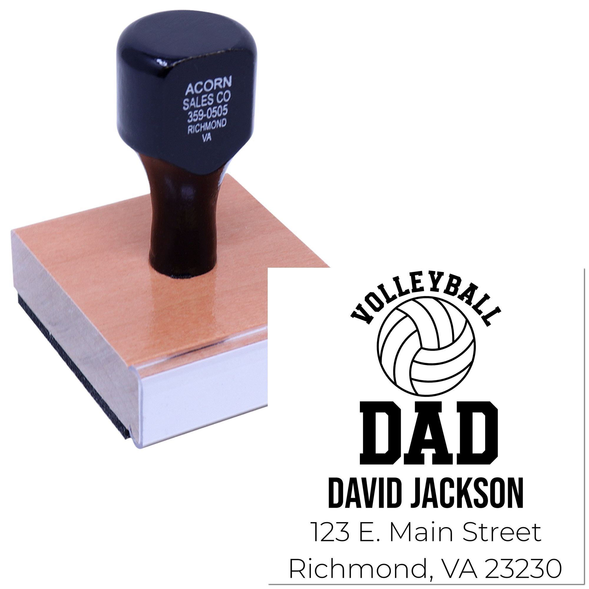 Custom volleyball dad address rubber stamp with personalized name, logo and mailing address.