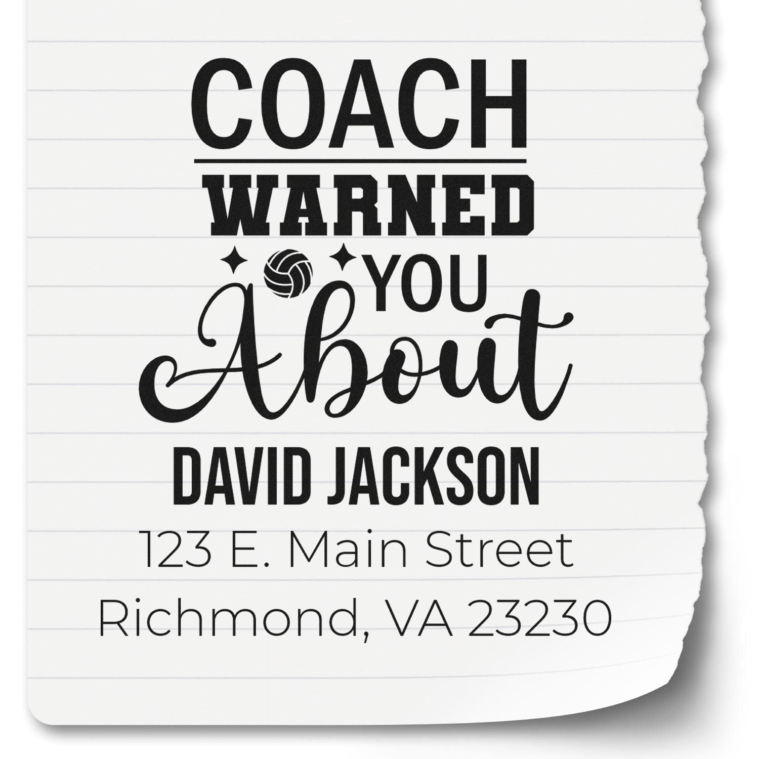 Custom coach warning rubber stamp with volleyball icon, personalized name, and Richmond, VA address.