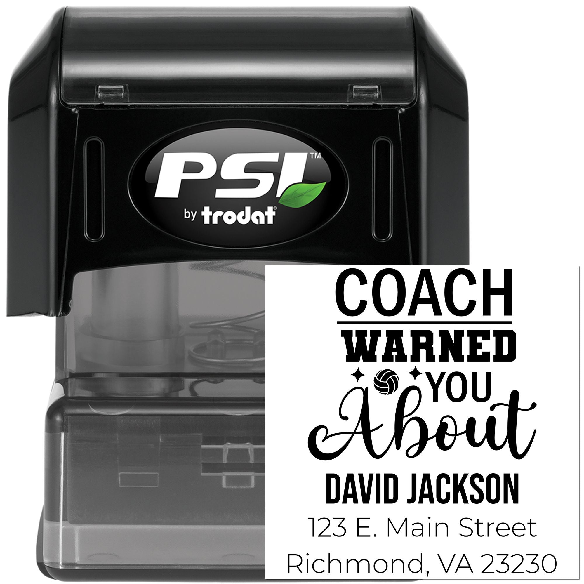 Personalized self-inking rubber stamp by PSI Trodat with custom coach message, name, and address imprint.