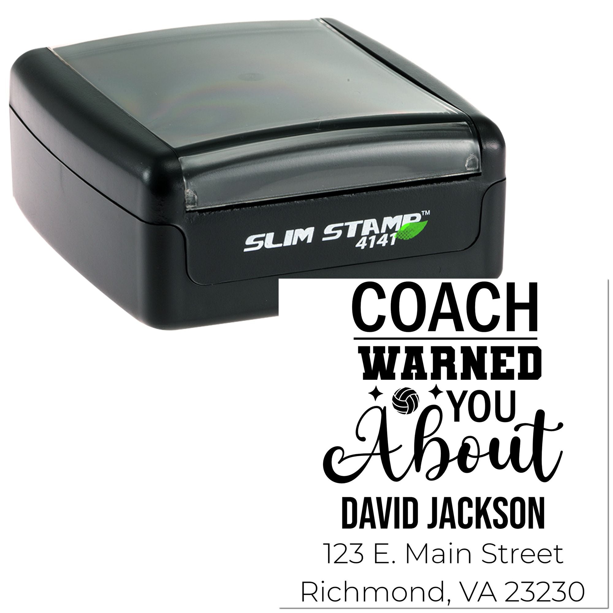 Custom self-inking rubber stamp with personalized coach appreciation message for David Jackson, Richmond VA address.