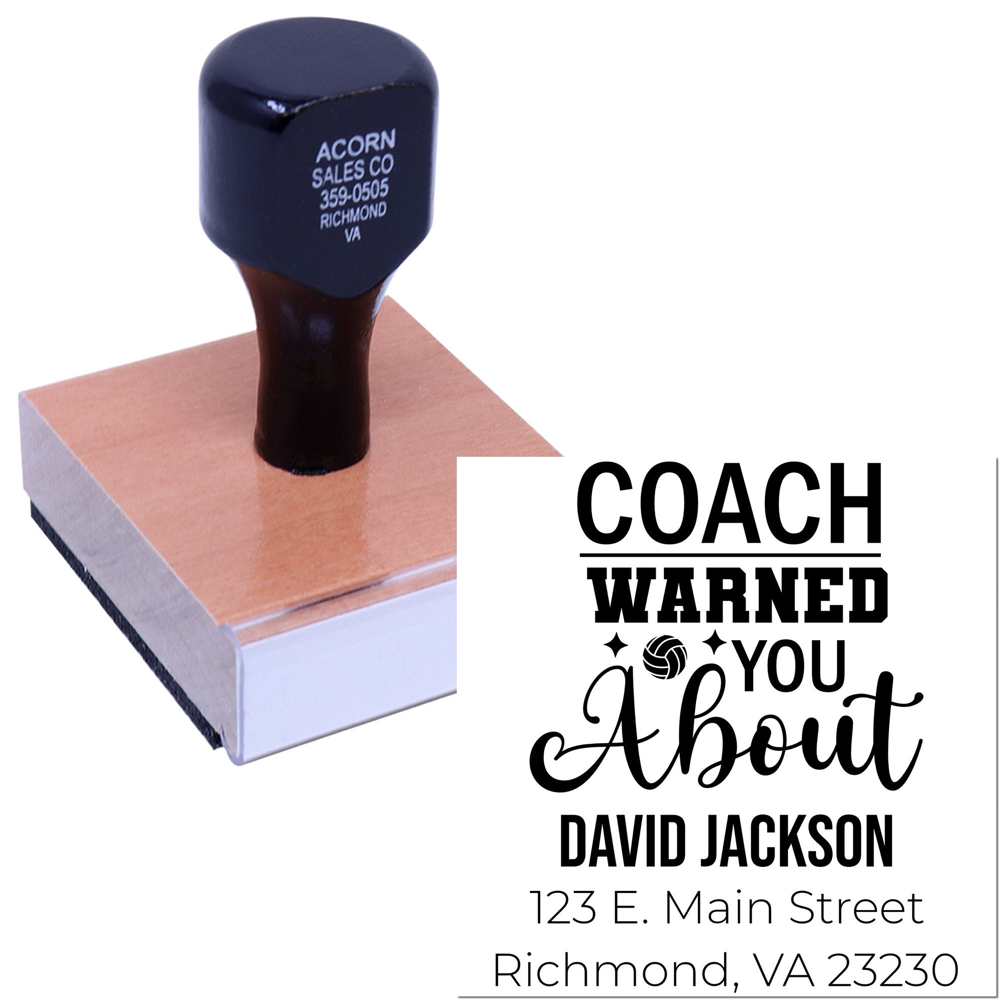Custom coach rubber stamp for personalized invitations and team gifts, featuring name, address, and Coach Wanted design.