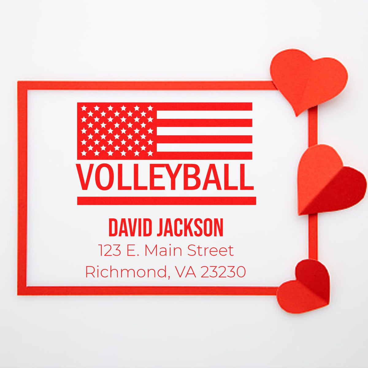 Personalized volleyball address rubber stamp with American flag design and hearts for custom mailings.