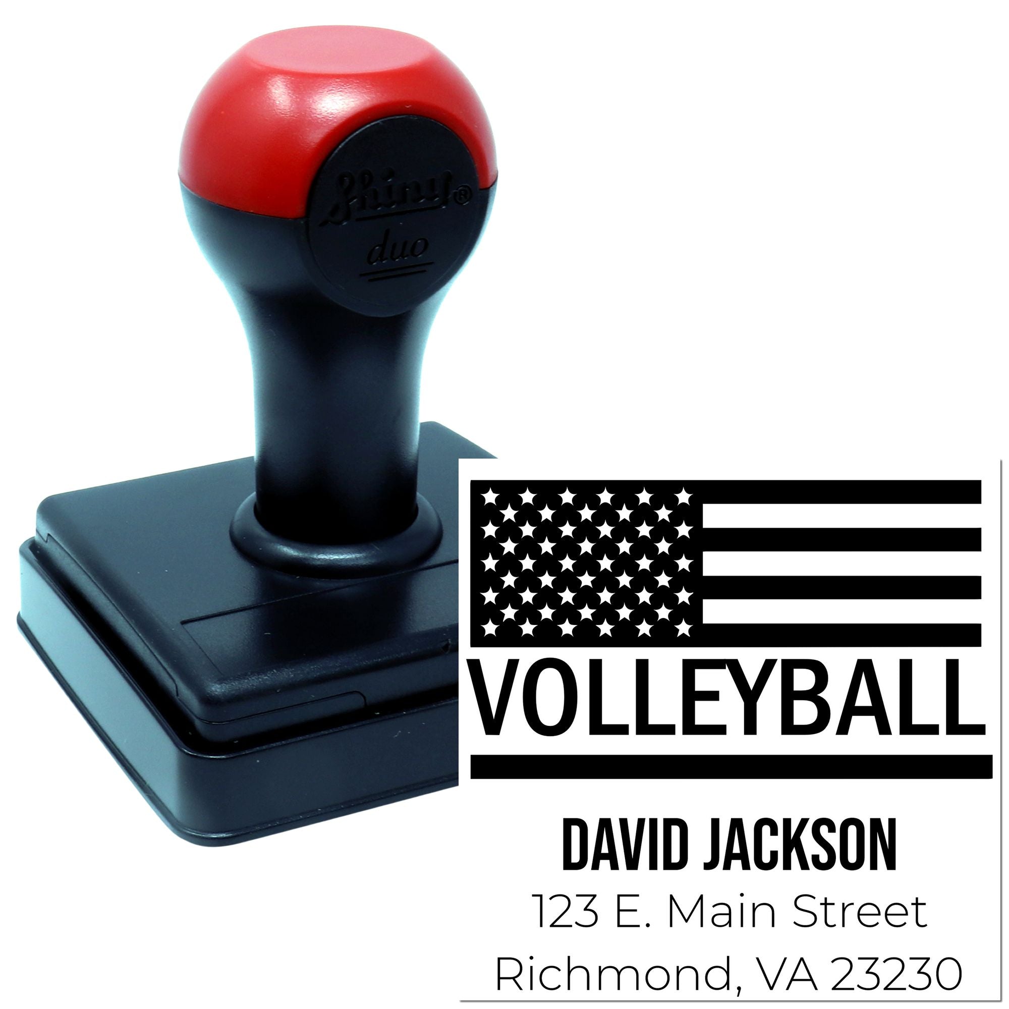 Custom volleyball self-inking rubber stamp with American flag design, personalized with David Jackson and Richmond, VA address.