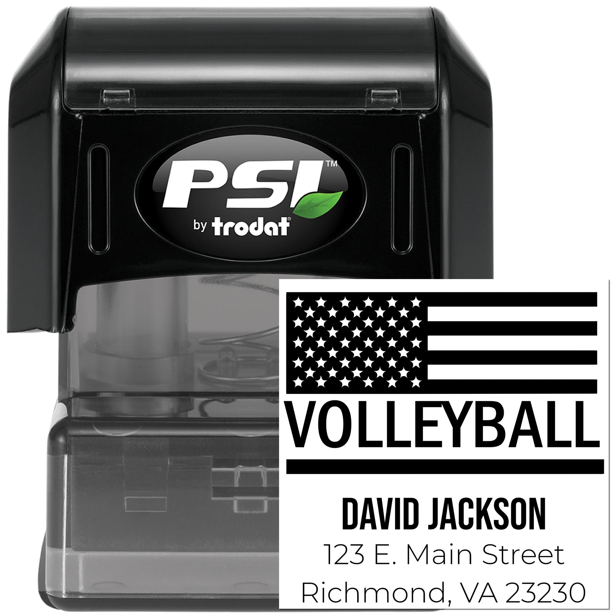 Custom self-inking volleyball return address rubber stamp with name and Richmond, VA address.