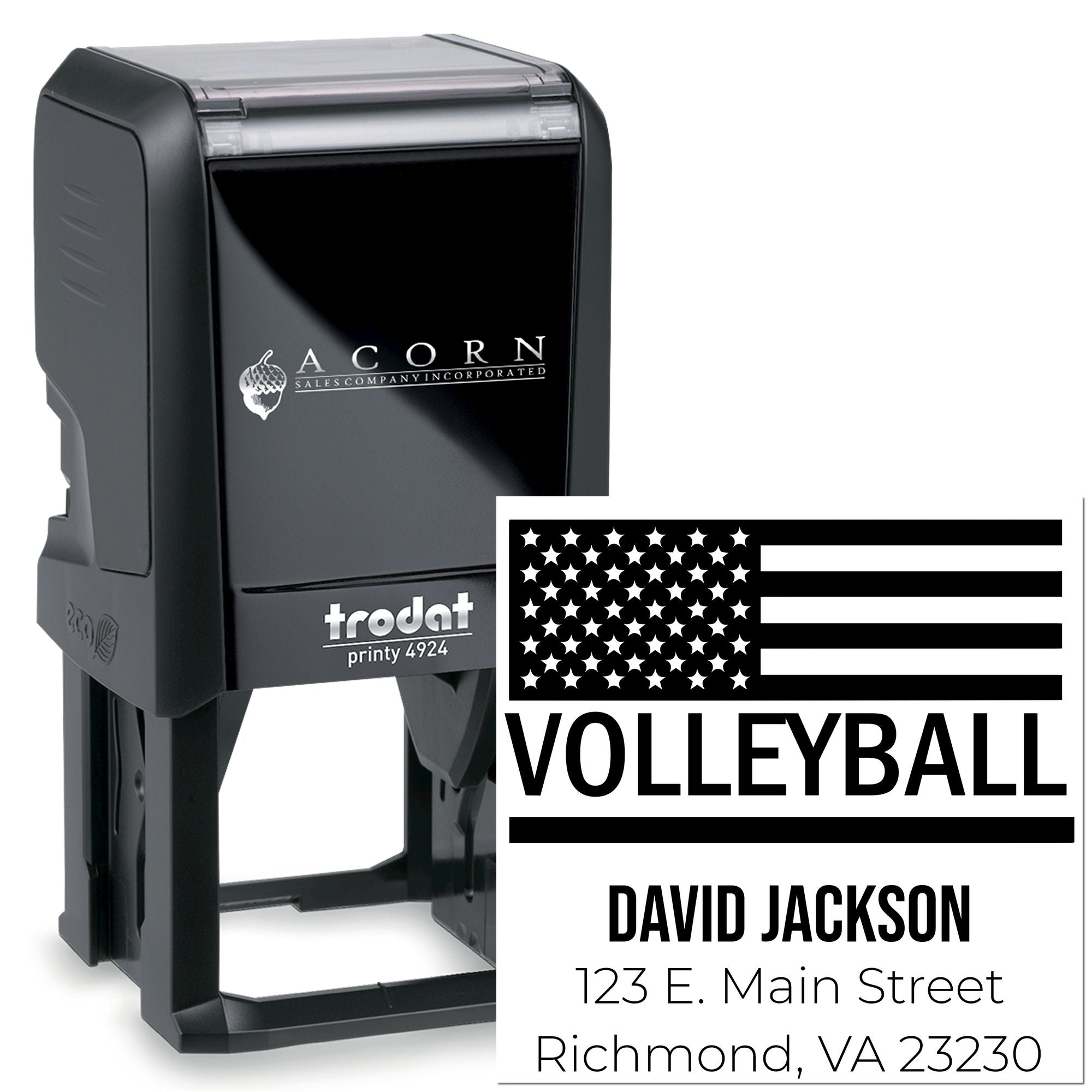 Custom volleyball address rubber stamp, self-inking Trodat Printy 4924 with name and mailing address for personalized mail.