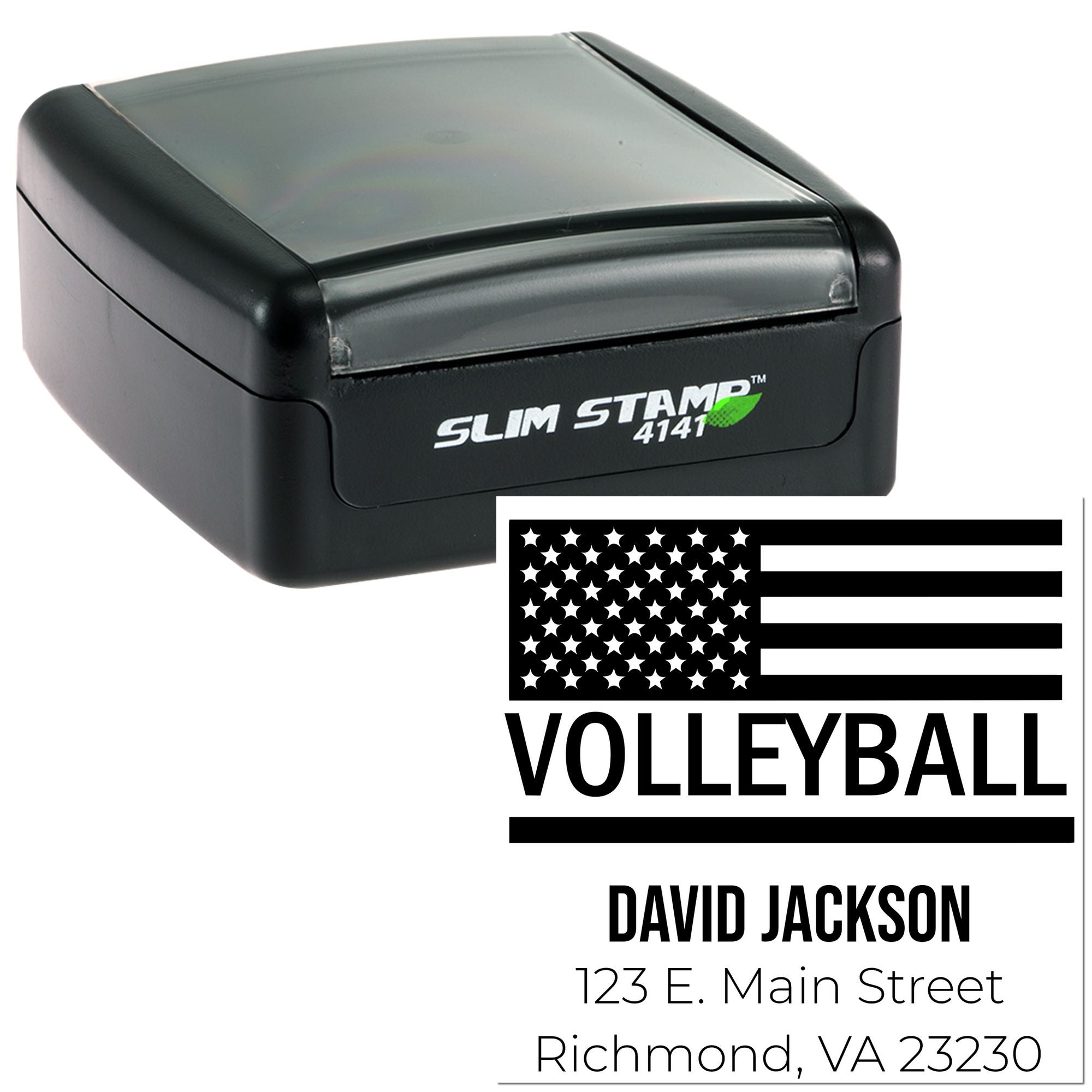 Personalized volleyball rubber stamp with self-inking Slim Stamp case, custom name and address for sports branding.