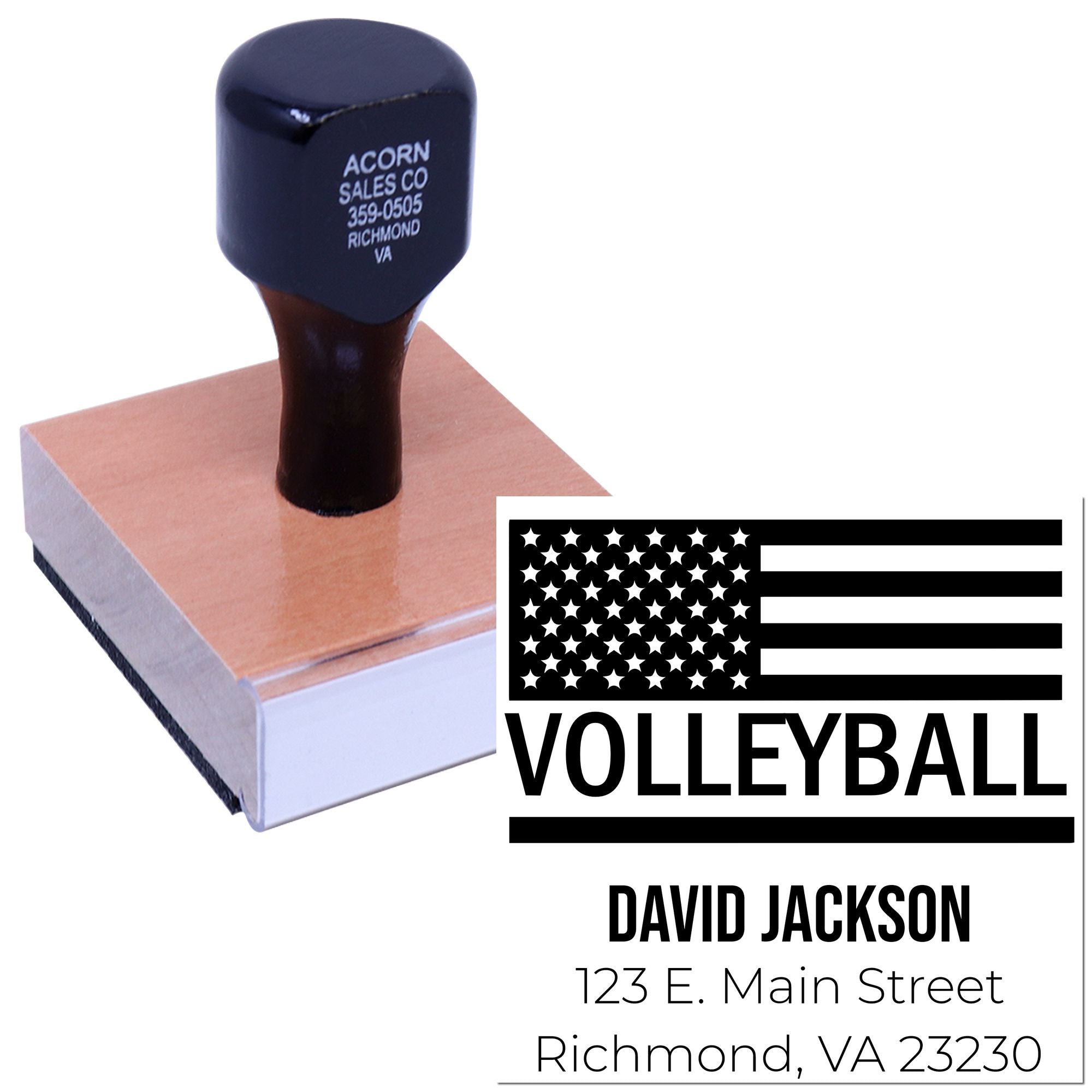 Custom volleyball rubber stamp with personalized name and Richmond, VA return address