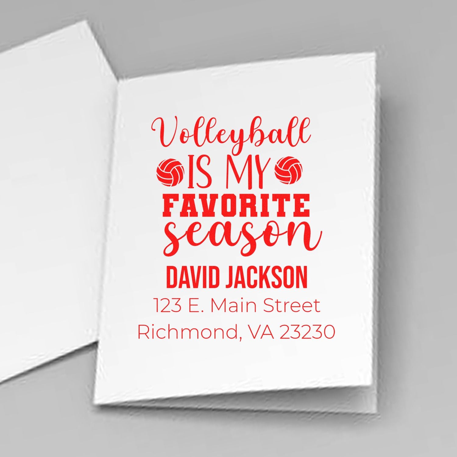 Personalized volleyball return address rubber stamp with Volleyball is my favorite season, name, and address.