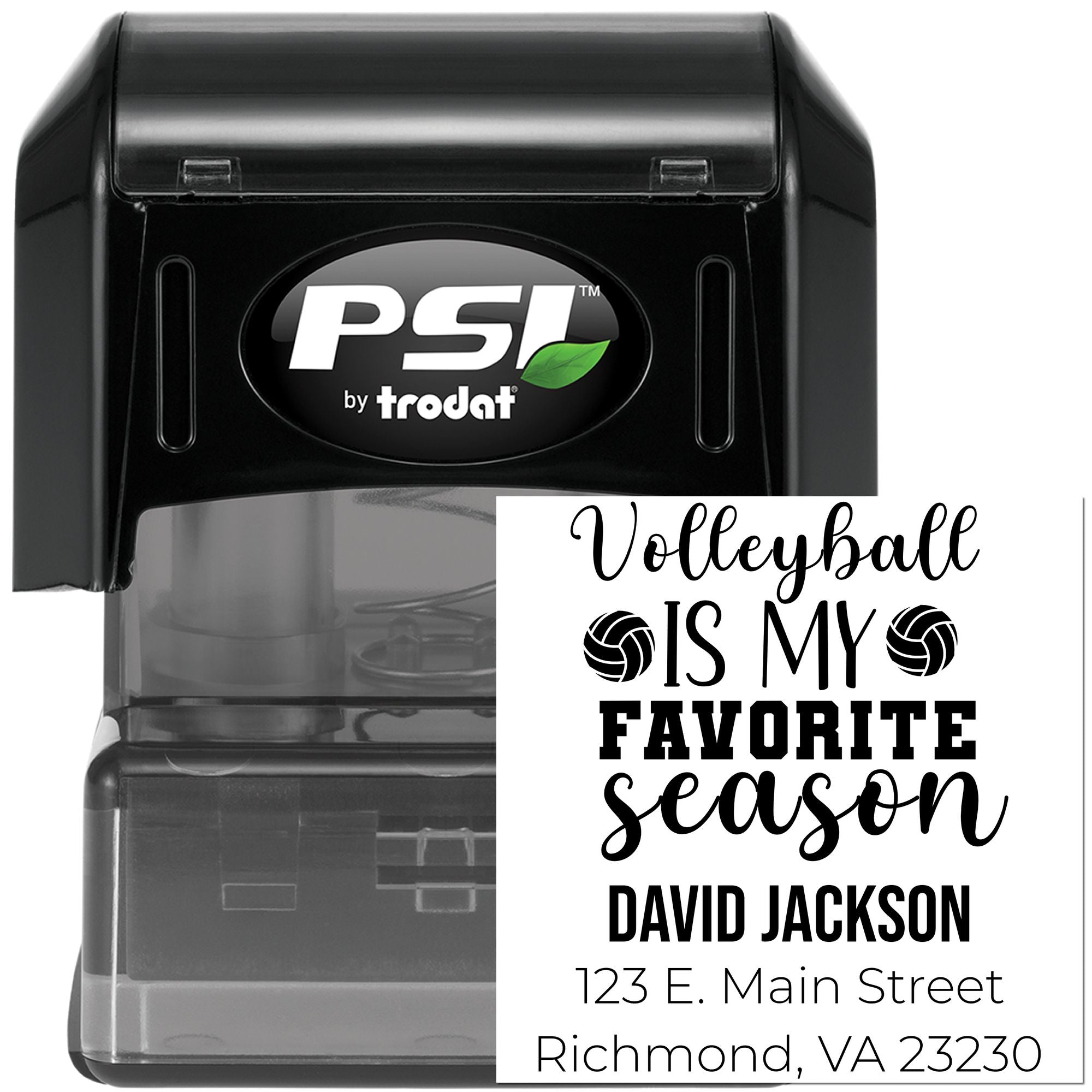 Custom volleyball address stamp, self-inking PSI Trodat rubber stamp with personalized name and mailing address.
