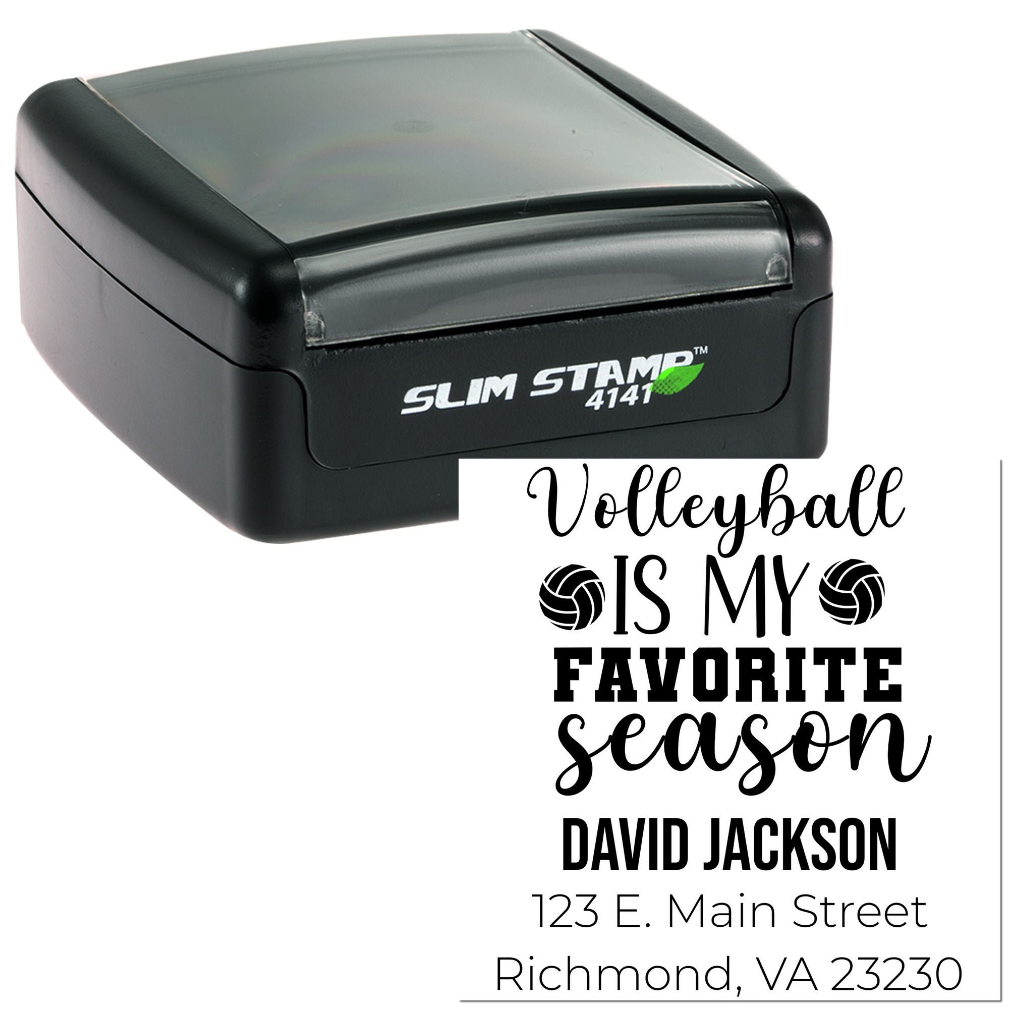Custom volleyball self-inking rubber stamp with name, address, and Volleyball is my favorite season design.