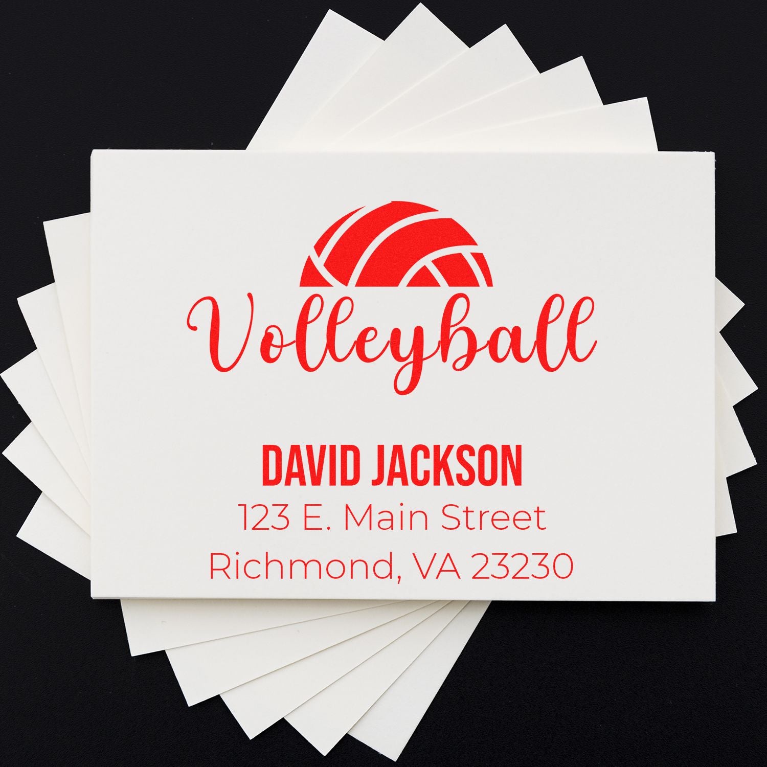Personalized volleyball return address rubber stamp for custom mail, featuring name and Richmond, VA address