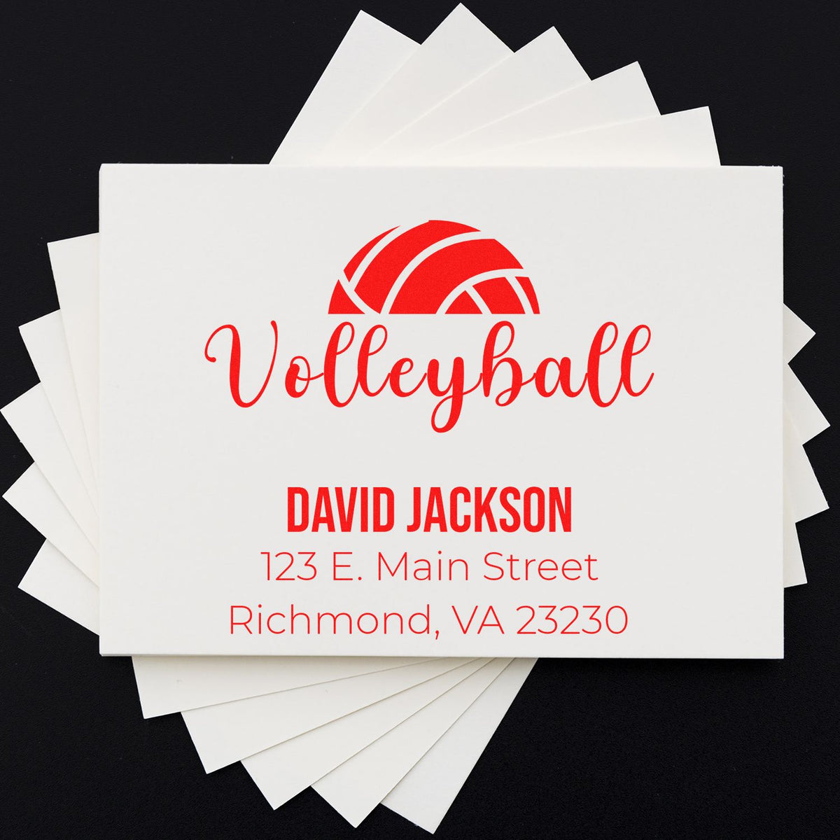 Personalized volleyball return address rubber stamp with David Jackson name and Richmond, VA address