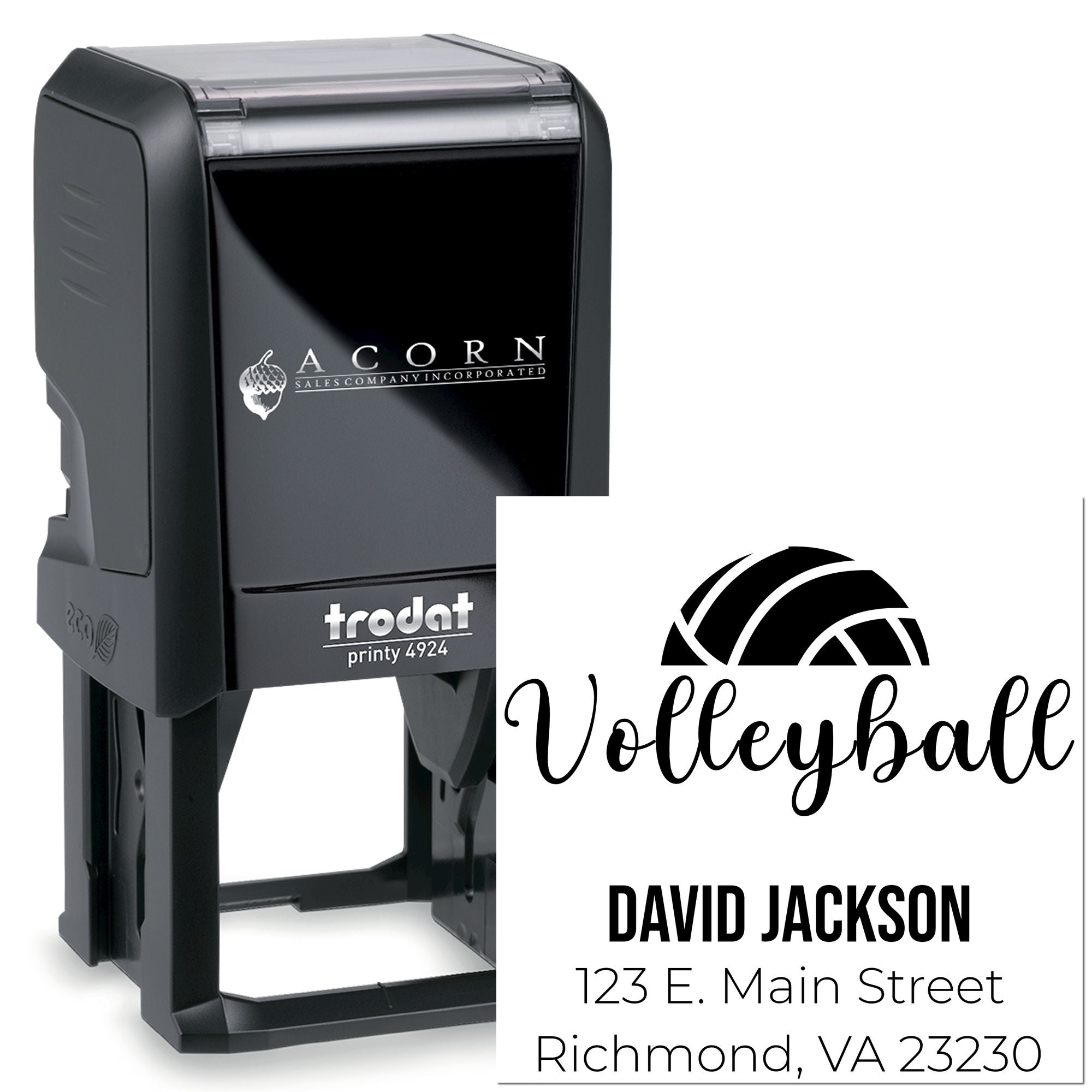 Custom self-inking rubber stamp with volleyball logo, name, and address, using Trodat Printy 4924 for business branding.