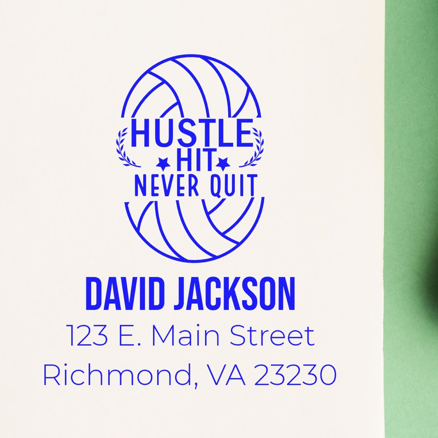 Custom basketball rubber stamp design for David Jackson featuring Hustle Hit Never Quit and Richmond, VA address.