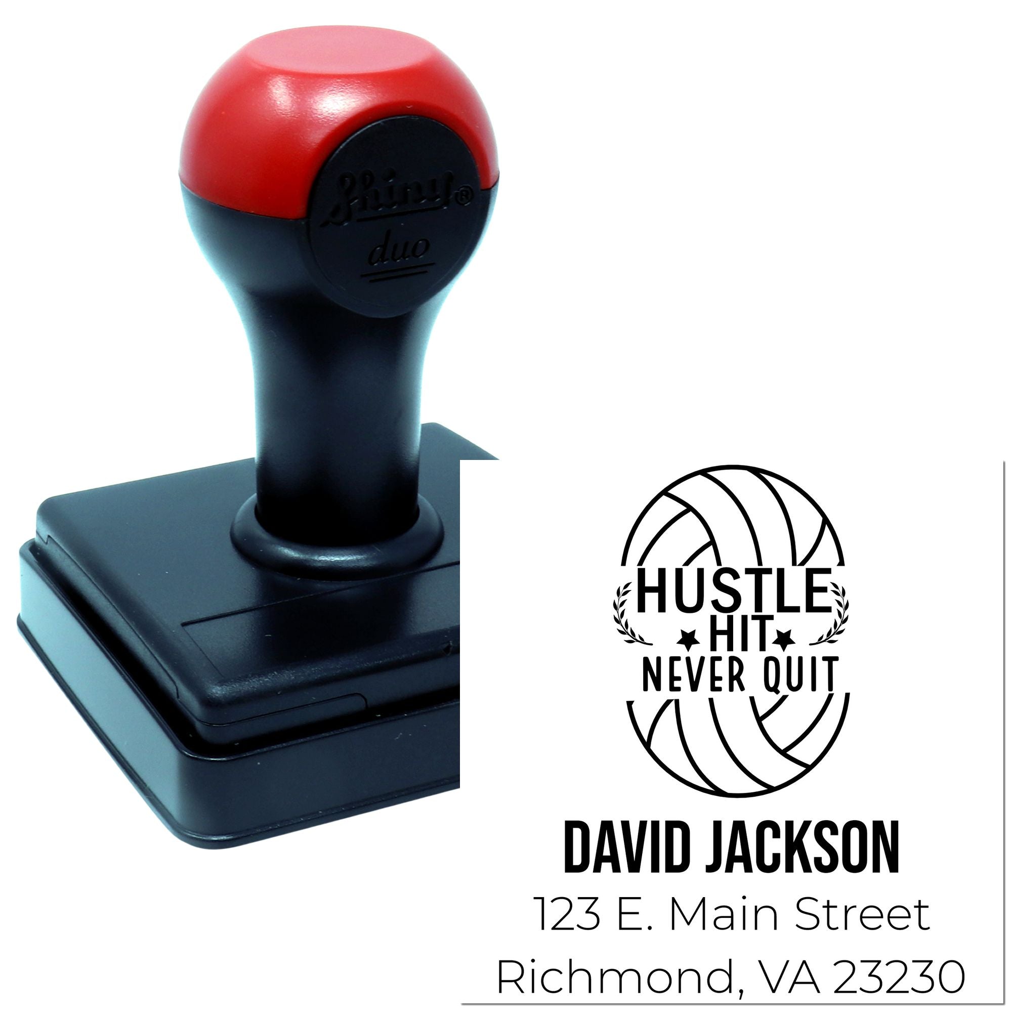 Custom self-inking rubber stamp with Hustle Hit Never Quit logo, name, and address for business branding.