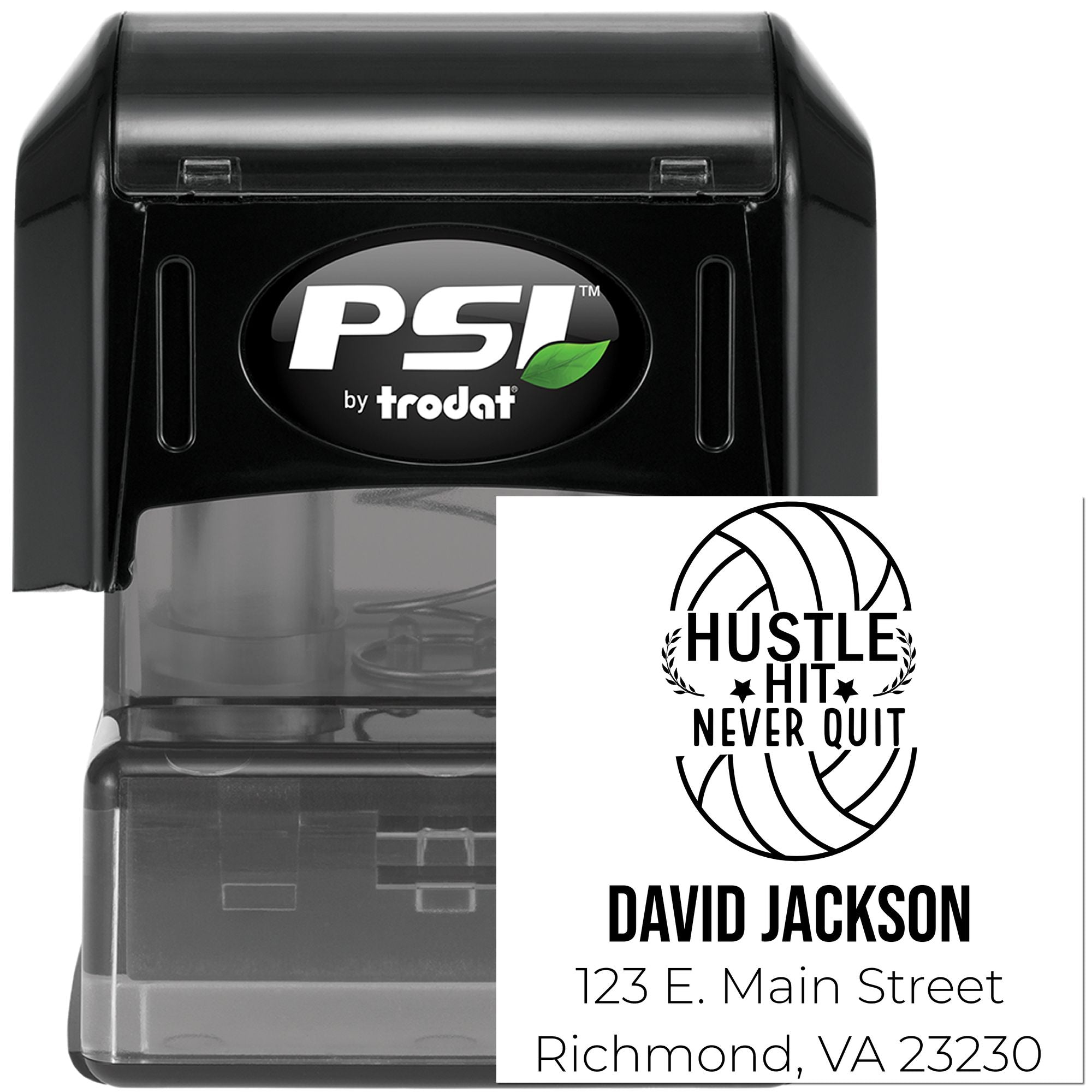 PSI by Trodat self-inking rubber stamp with custom name, motivational design, and address imprint example.