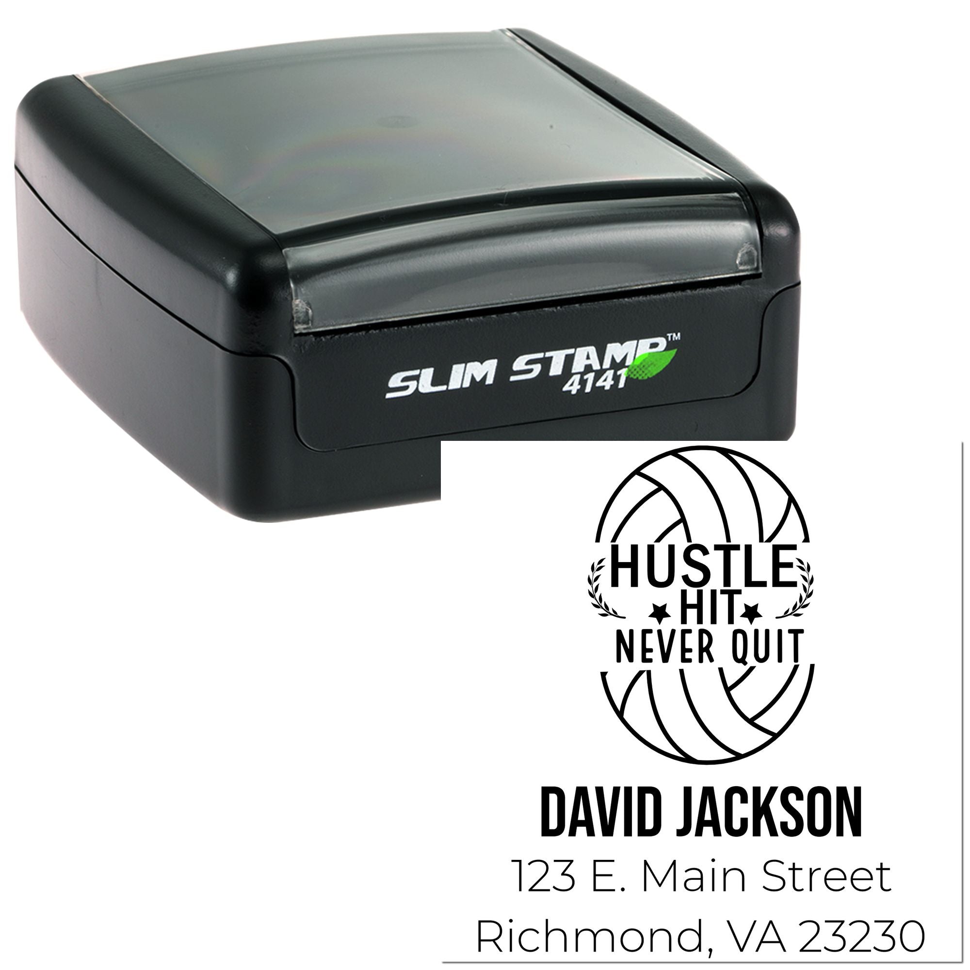 Custom self-inking rubber stamp with logo, slogan, name, and address for business branding and return mailings.