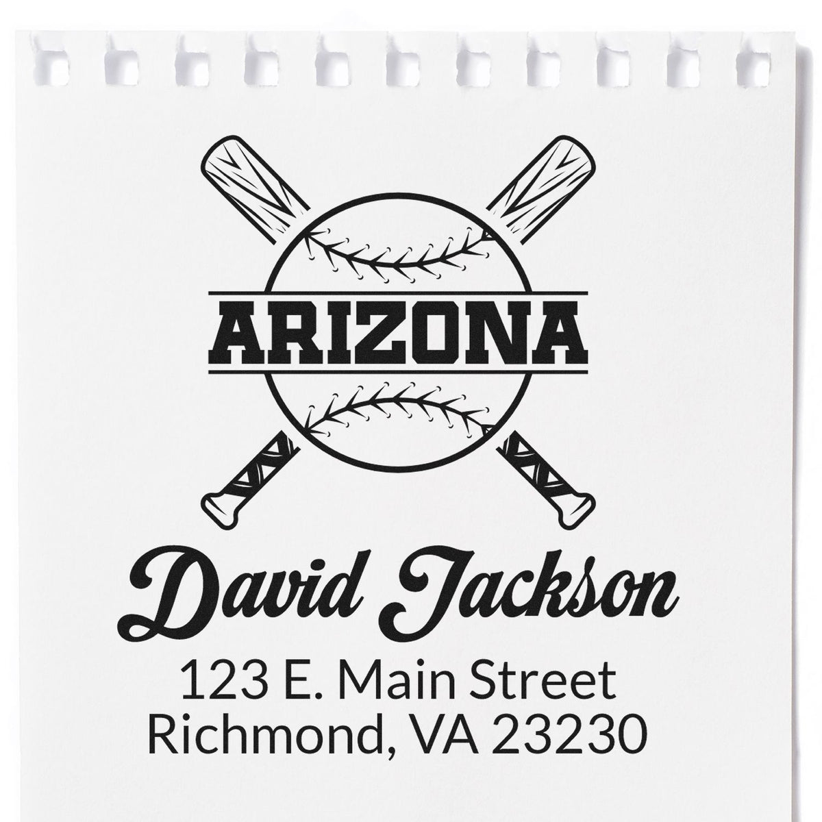Personalized baseball rubber stamp with Arizona design, crossed bats, David Jackson name, and Richmond, VA return address.