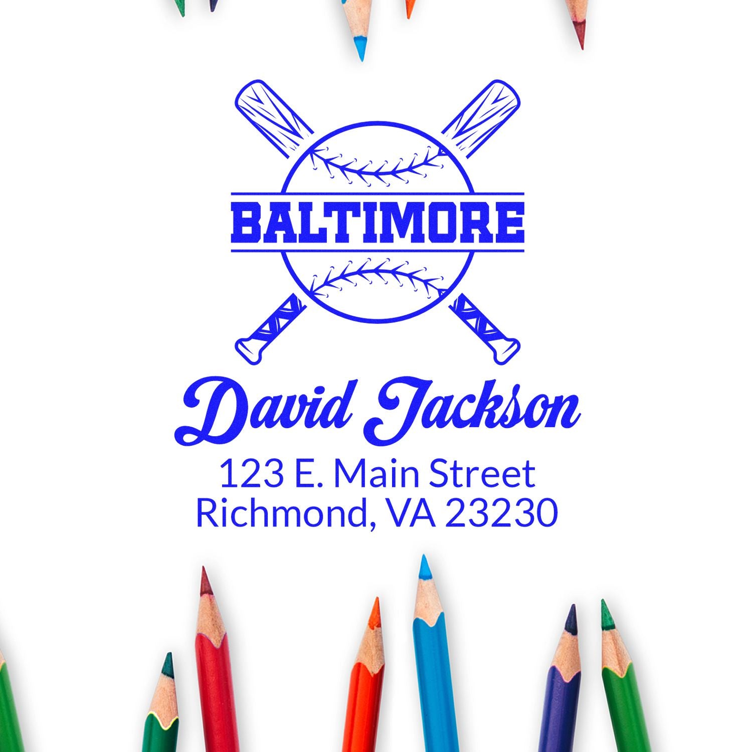 Custom baseball rubber stamp with crossed bats, Baltimore design, David Jackson name, and Richmond, VA address.