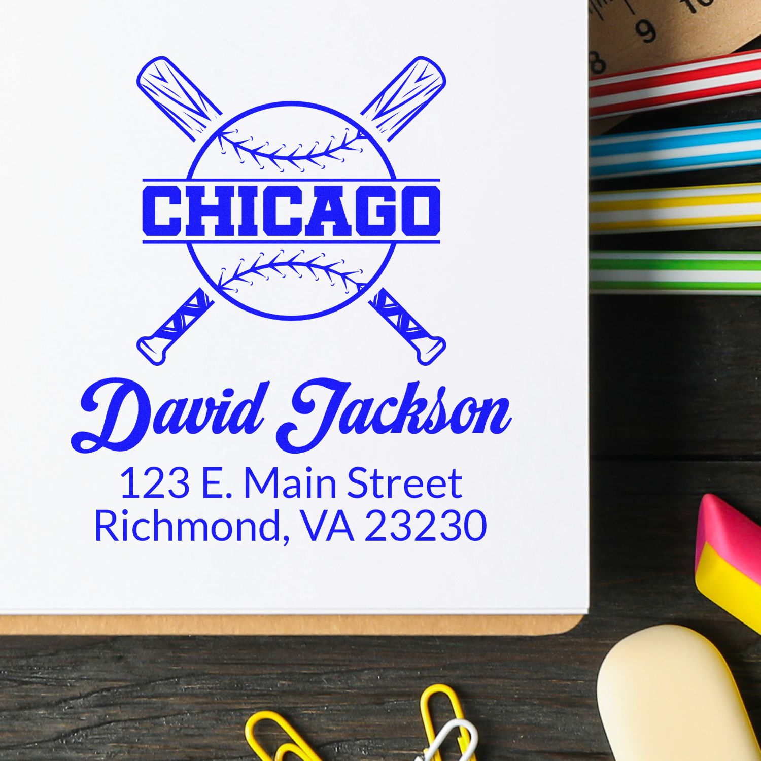 Custom baseball rubber stamp with Chicago logo, David Jackson name, and Richmond, VA address.