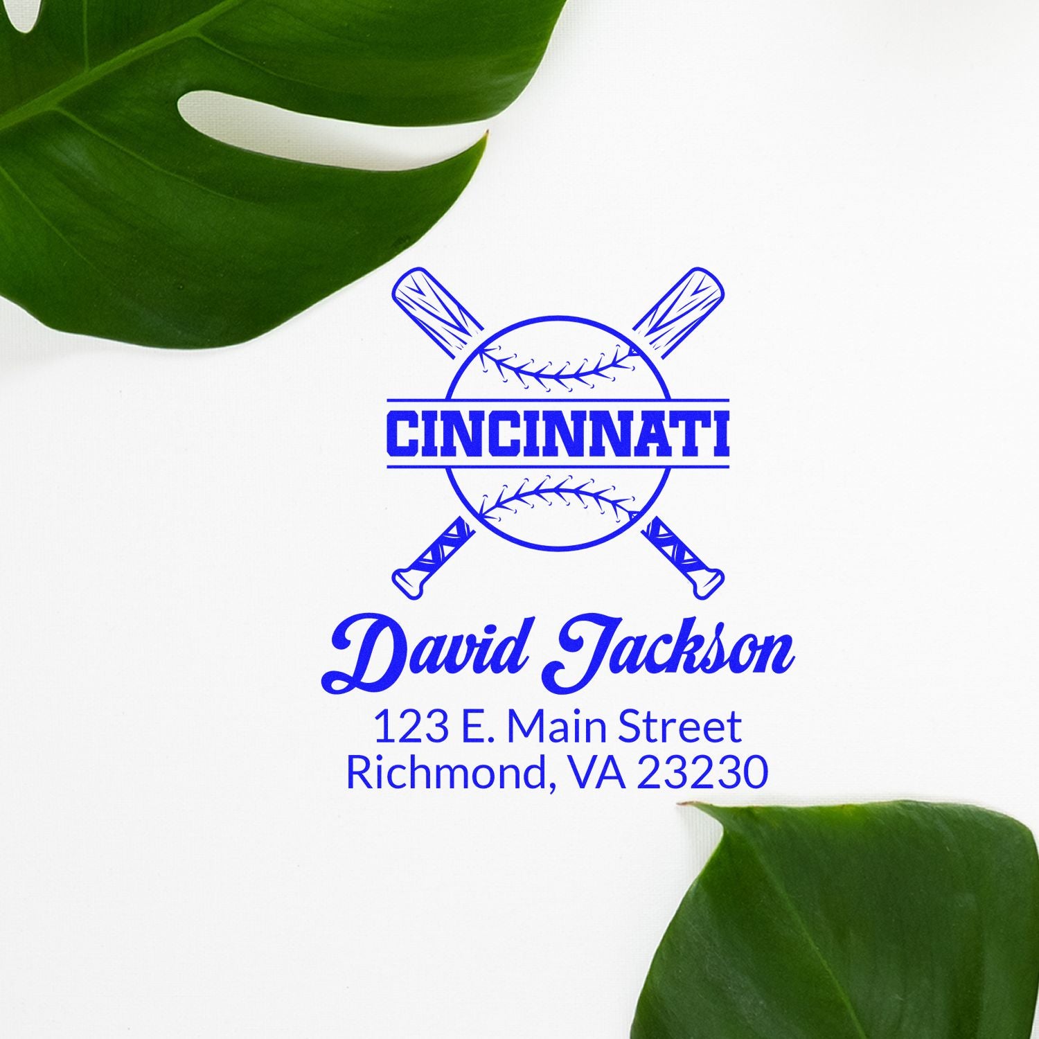 Custom baseball rubber stamp for David Jackson, featuring Cincinnati and a personalized return address.