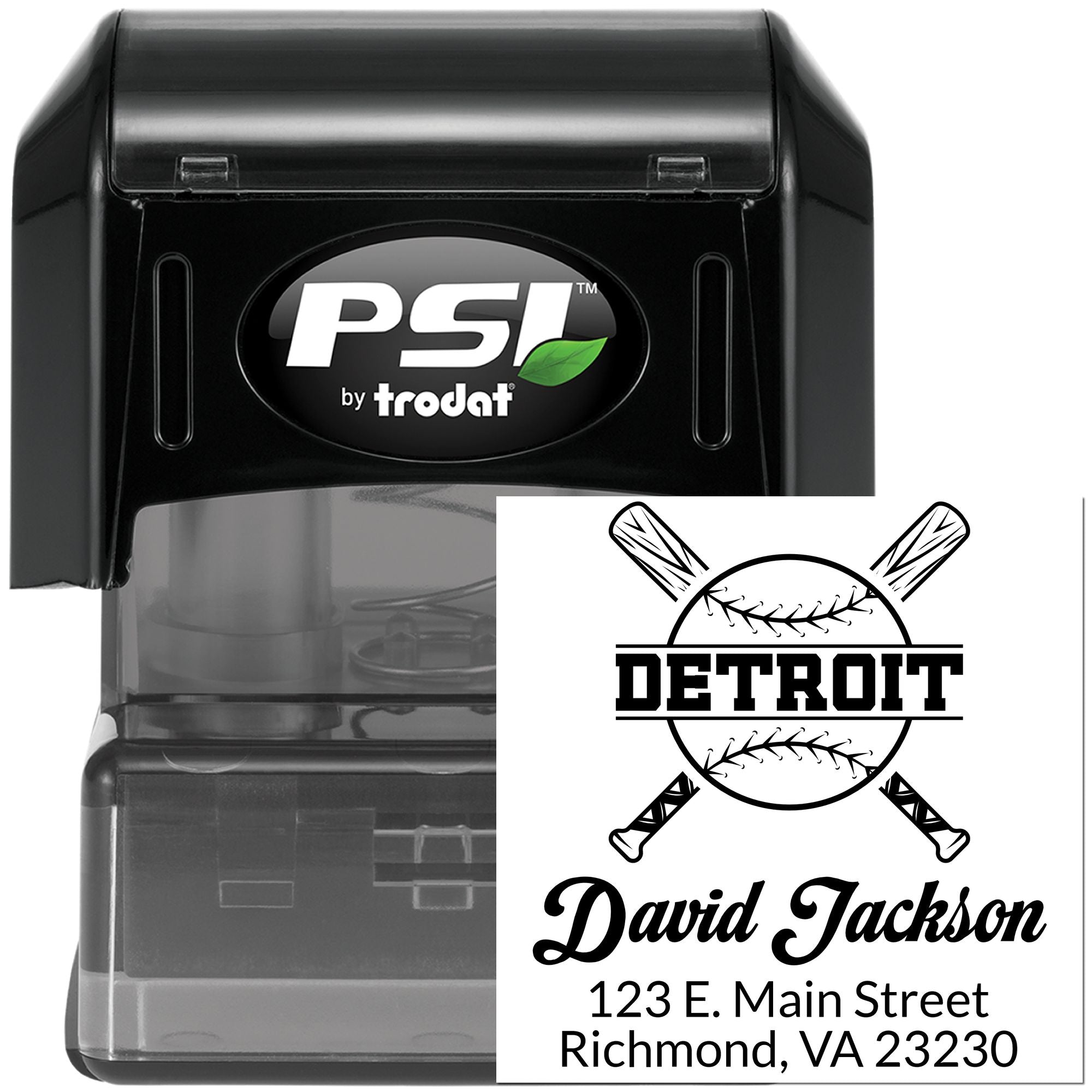 Custom self-inking baseball return address rubber stamp with Detroit design, David Jackson name, and address.