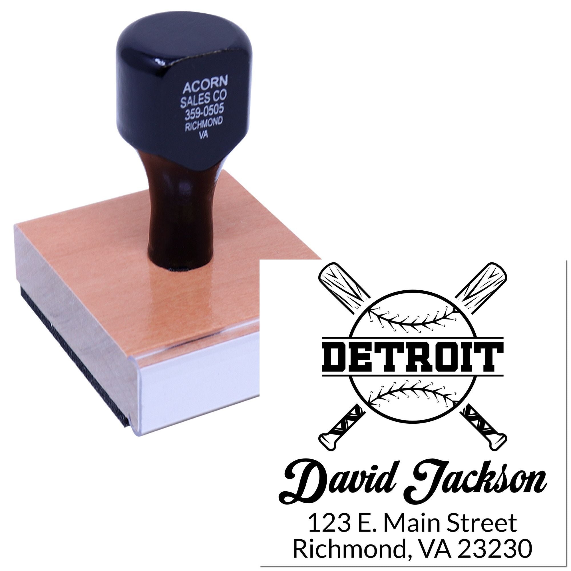 Custom baseball rubber stamp with Detroit logo, David Jackson name, and Richmond, VA address imprint