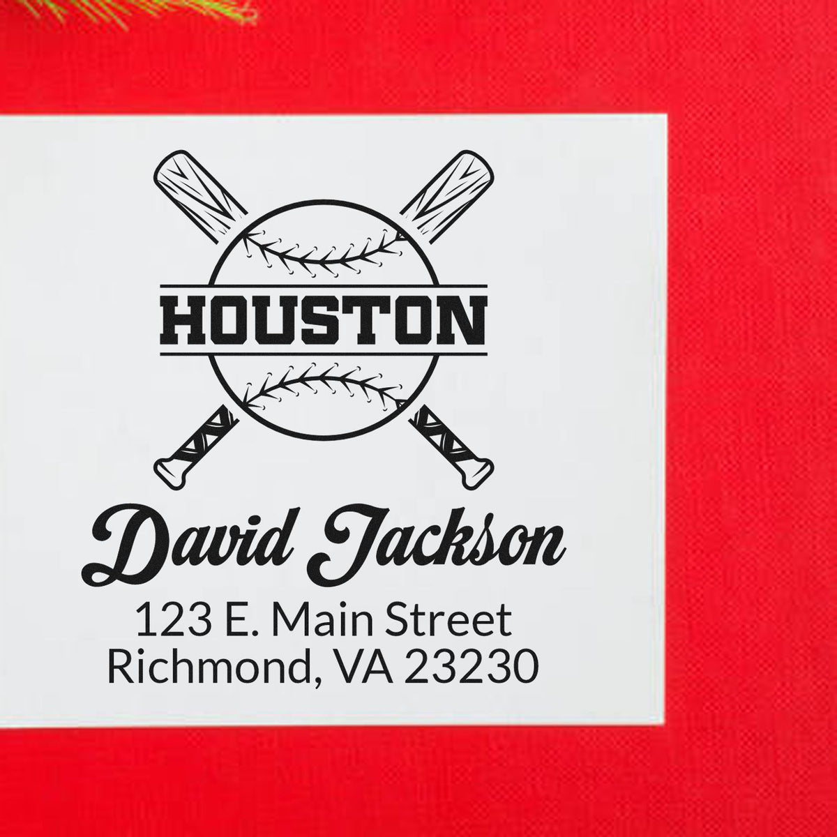 Custom baseball address rubber stamp for David Jackson in Houston, featuring crossed bats, name, and return address.