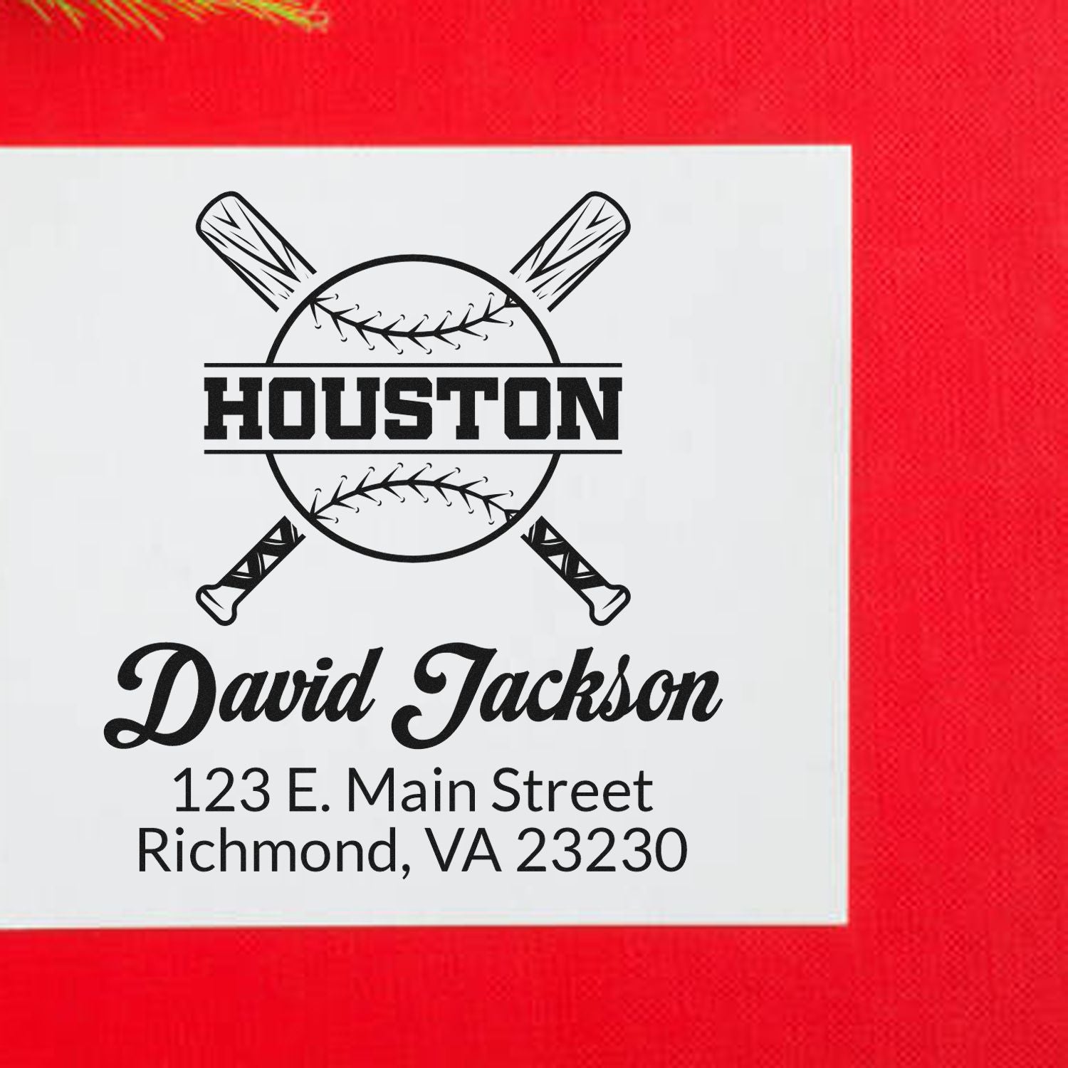 Custom Houston baseball rubber stamp with crossed bats, name, and return address for personalized sports-themed mailing.