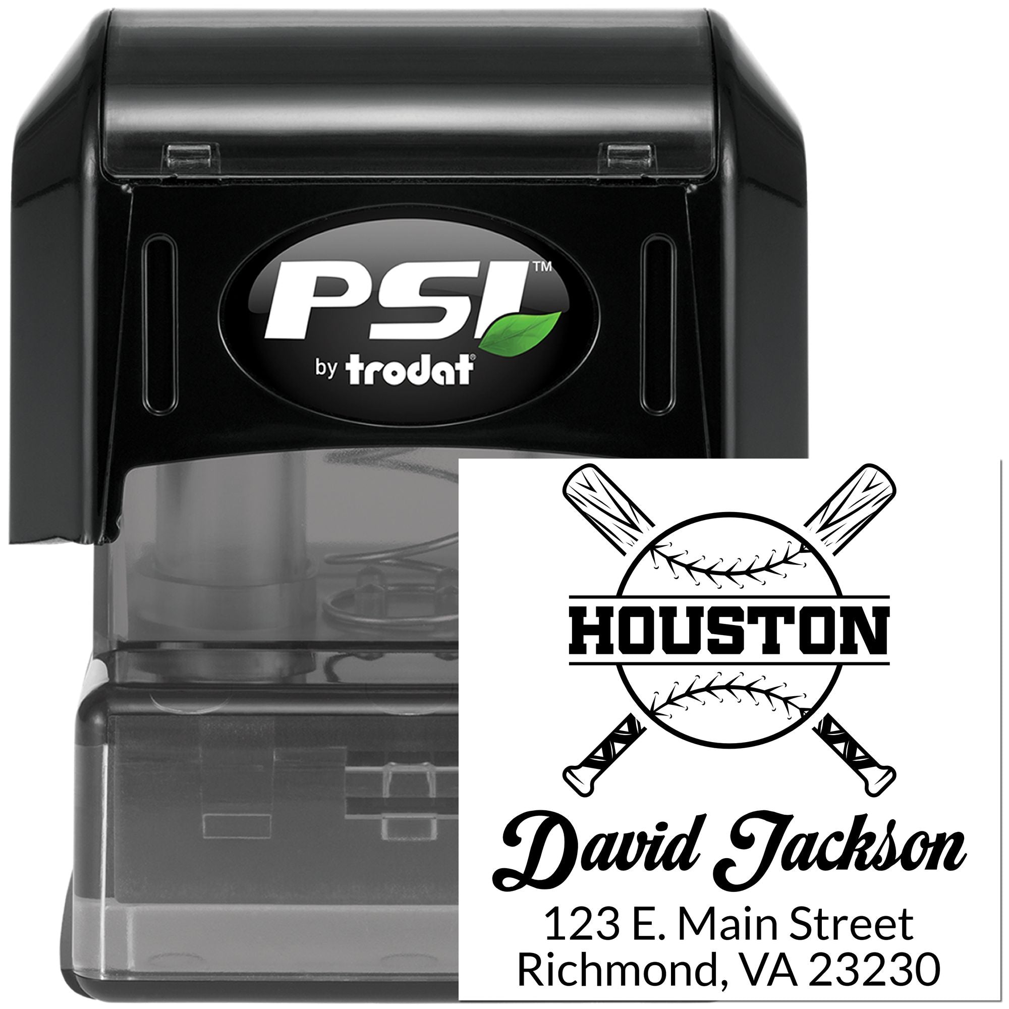PSI by Trodat custom self-inking rubber address stamp with baseball logo, Houston name, and return address.