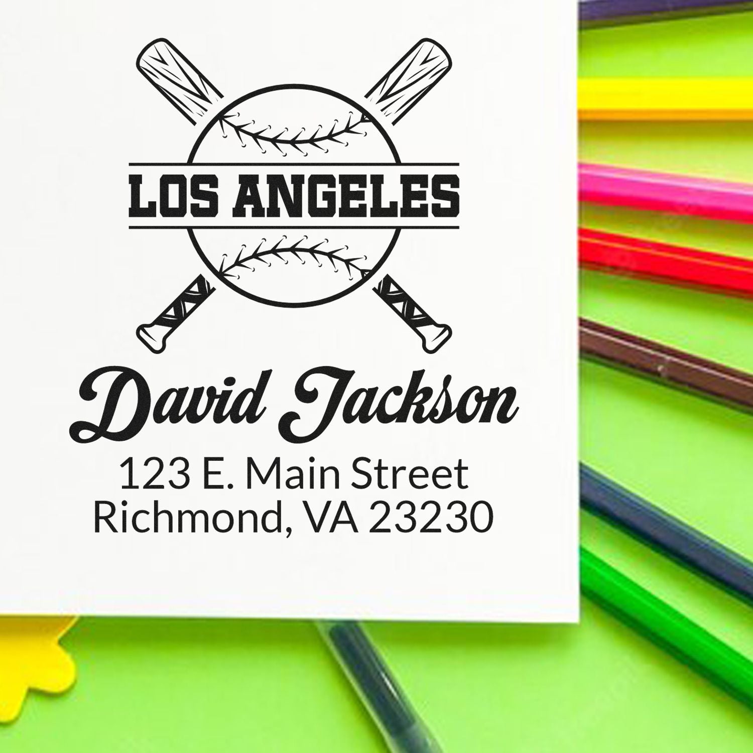 Custom baseball rubber stamp with Los Angeles logo, personalized name David Jackson, and return address for mail and branding.