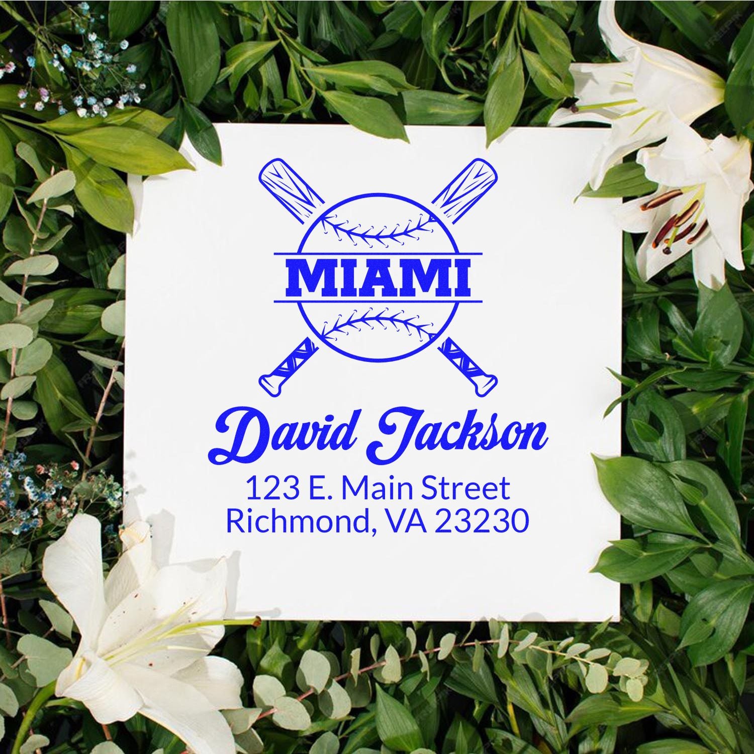 Custom baseball return address rubber stamp with Miami logo, David Jackson name, and address for personalized stationery