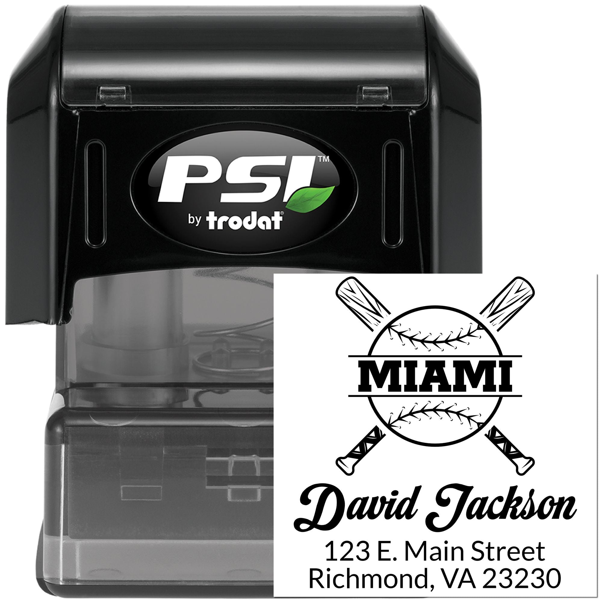 Custom baseball return address rubber stamp with self-inking PSI by Trodat.