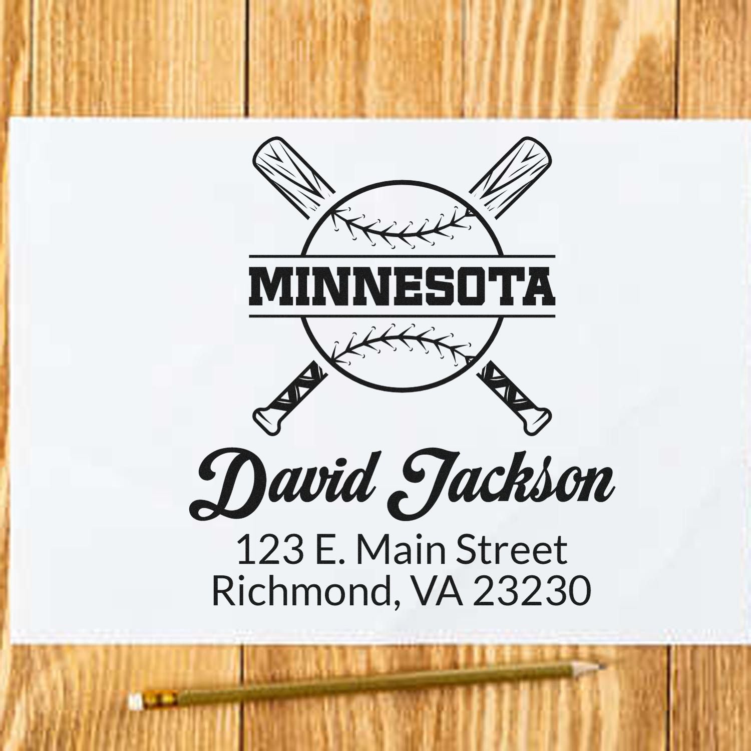 Personalized baseball address stamp with Minnesota logo, David Jackson, and Richmond, VA return address.