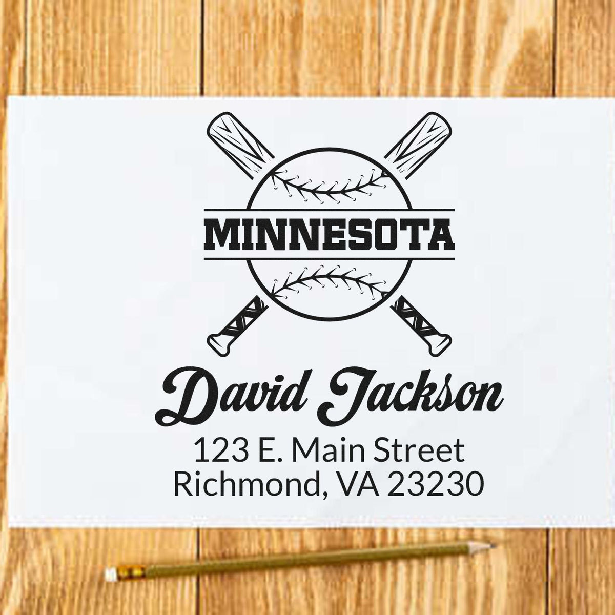 Custom baseball return address rubber stamp with Minnesota team logo, David Jackson name, and Richmond, VA address