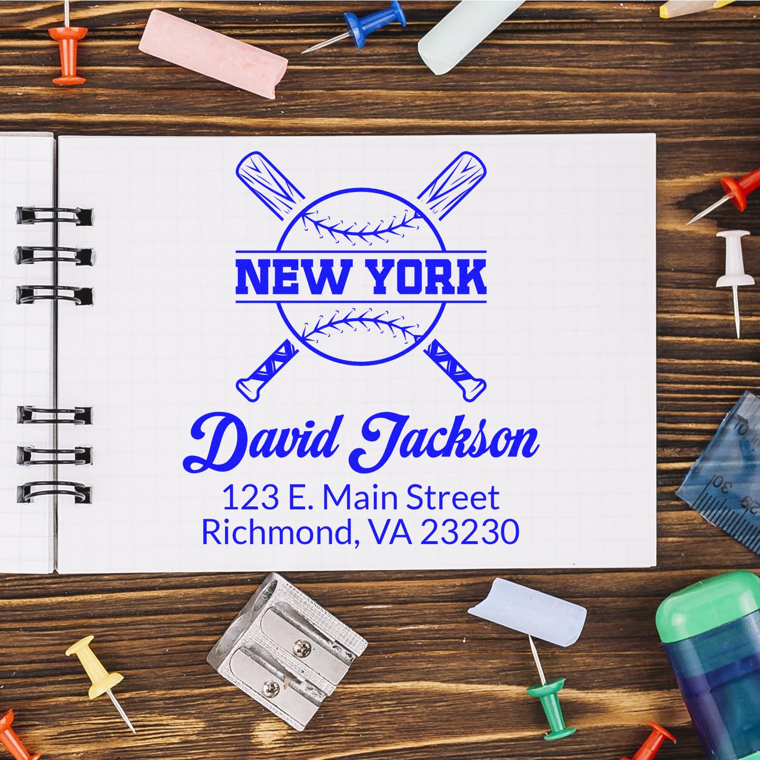 Custom baseball rubber stamp with New York logo, name, and address for a personalized return address stamp.