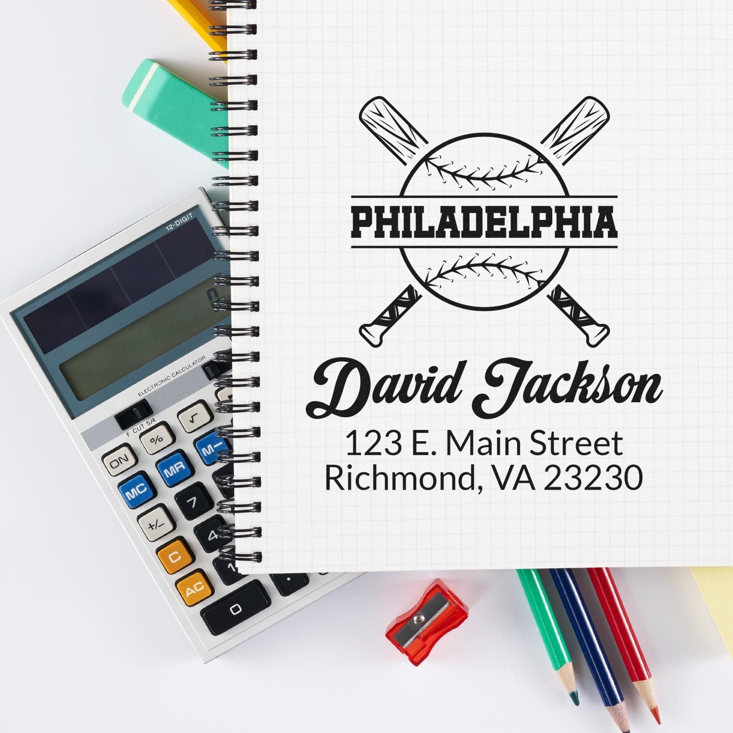 Custom baseball rubber stamp for David Jackson with Philadelphia logo, name, and address for mailing and branding.