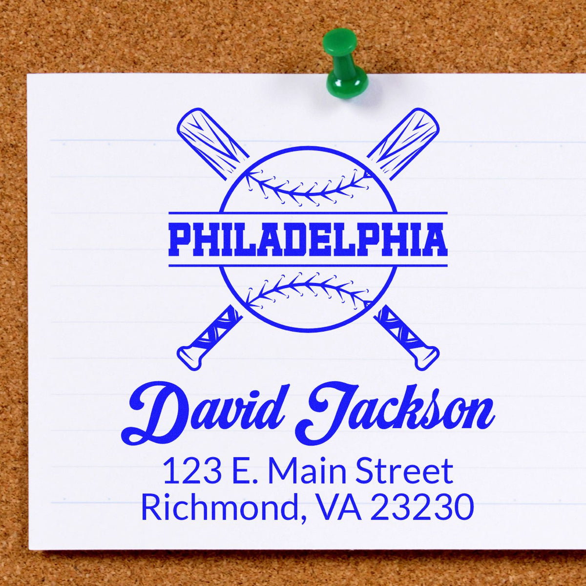 Custom baseball rubber stamp for David Jackson, Philadelphia design with name and Richmond, VA address.