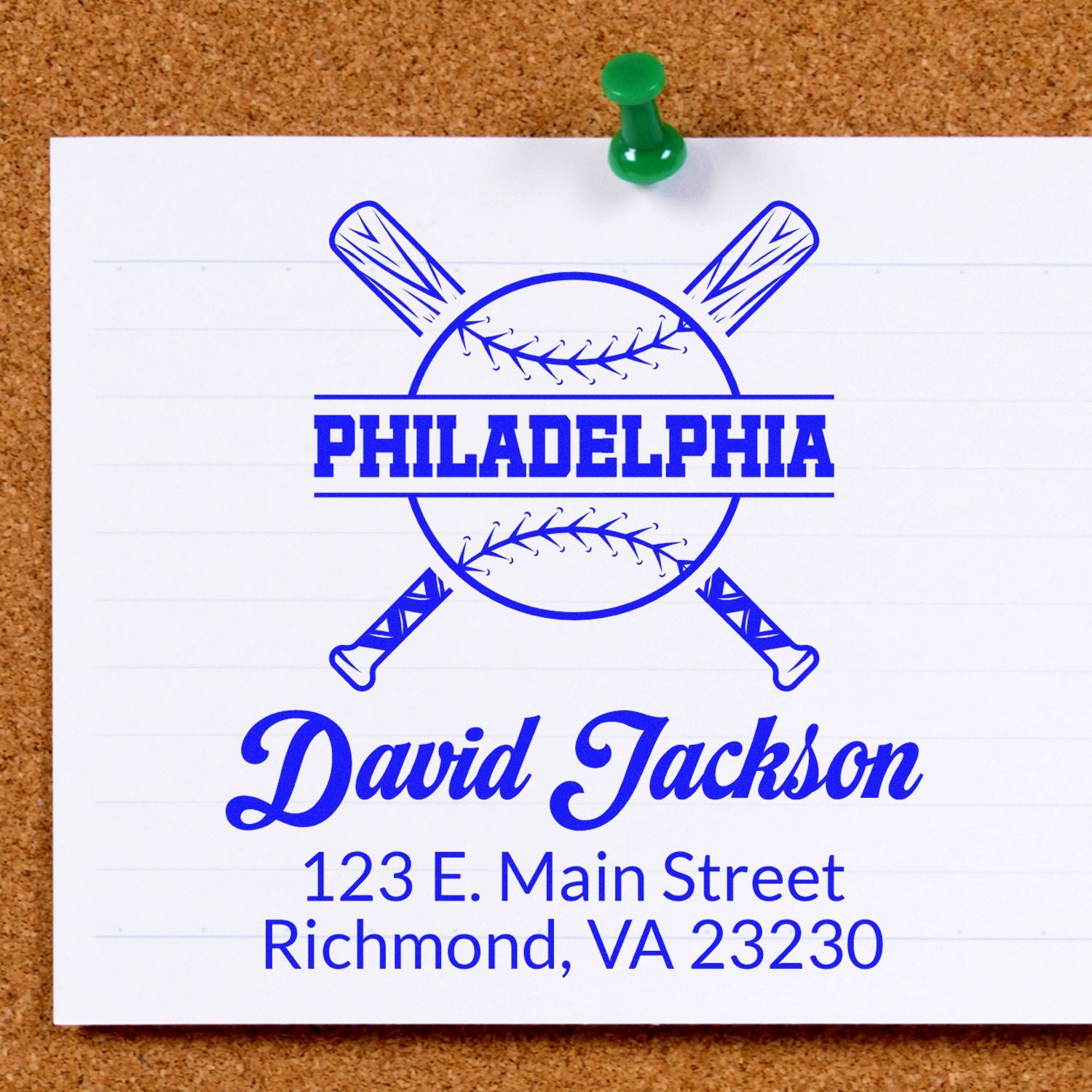 Custom baseball rubber stamp with Philadelphia design, personalized name, and address for sports-themed mailing labels.