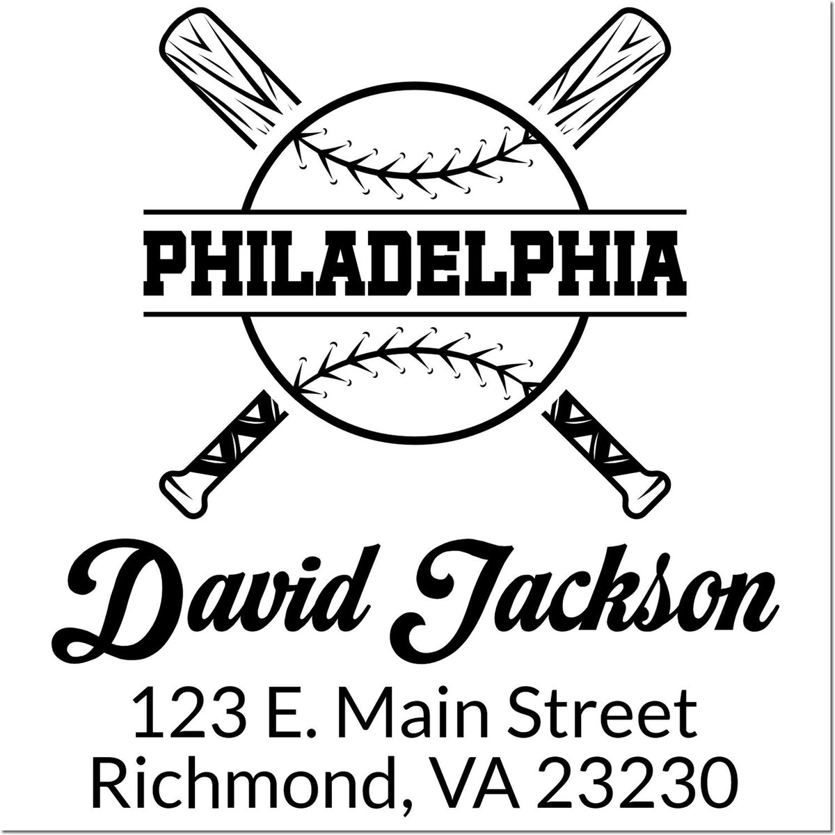 Custom Philadelphia baseball return address rubber stamp with crossed bats, personalized David Jackson name, and Richmond, VA address.