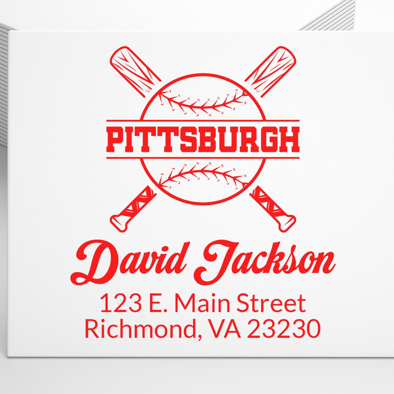 Custom baseball rubber stamp with Pittsburgh logo, David Jackson name, and Richmond, VA address.