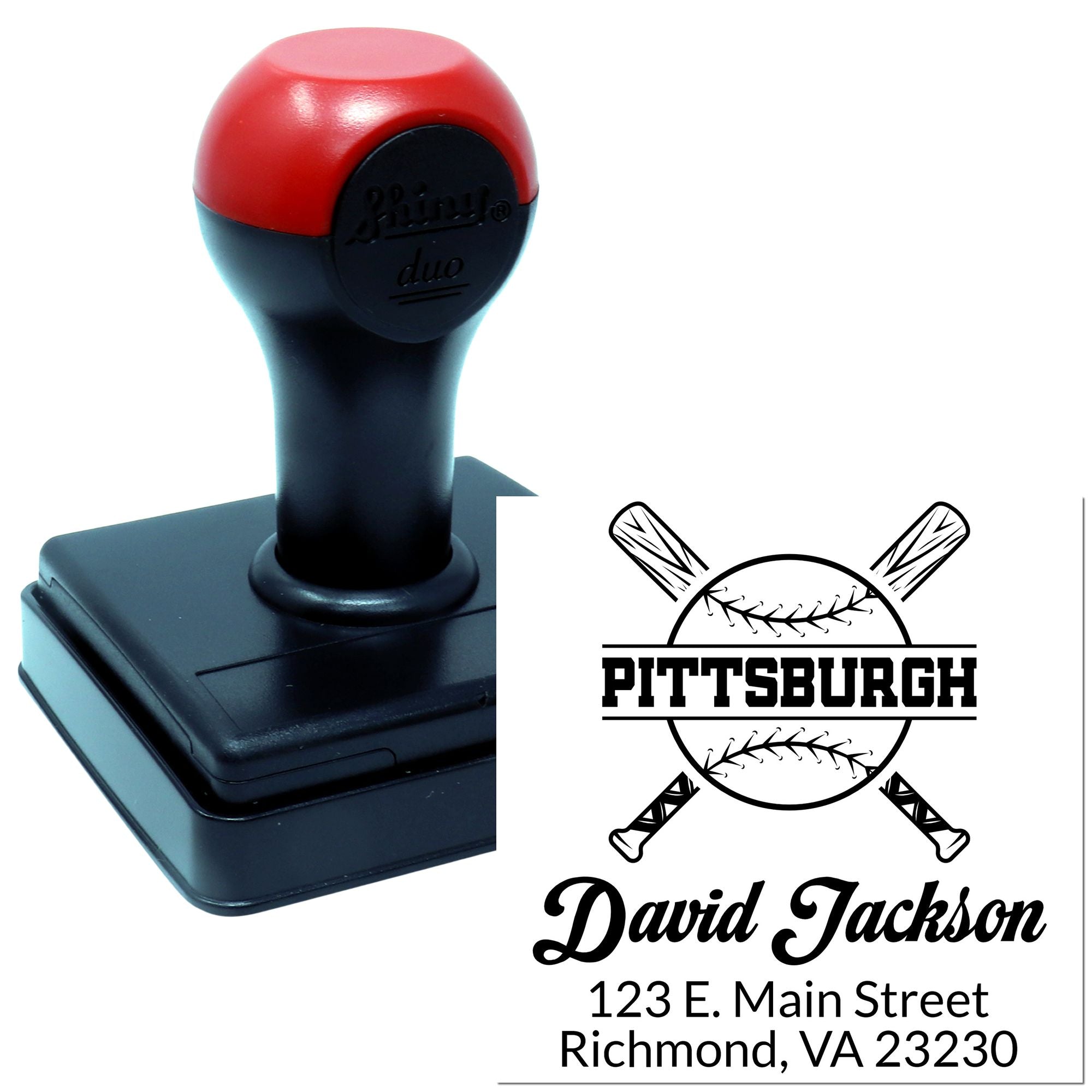 Custom self-inking baseball rubber stamp with Pittsburgh logo, David Jackson name, and Richmond, VA address.